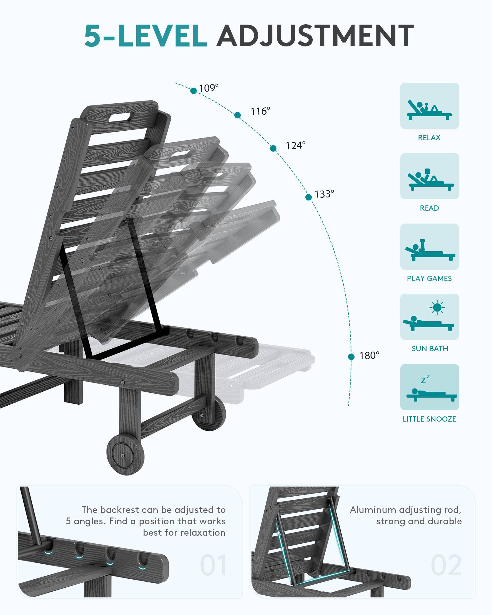 5-LEVEL ADJUSTMENT

109°
116°
124°
133°
180°

RELAX
READ
PLAY GAMES
SUN BATH
LITTLE SNOOZE

The backrest can be adjusted to 5 angles. Find a position that works best for relaxation

Aluminum adjusting rod, strong and durable