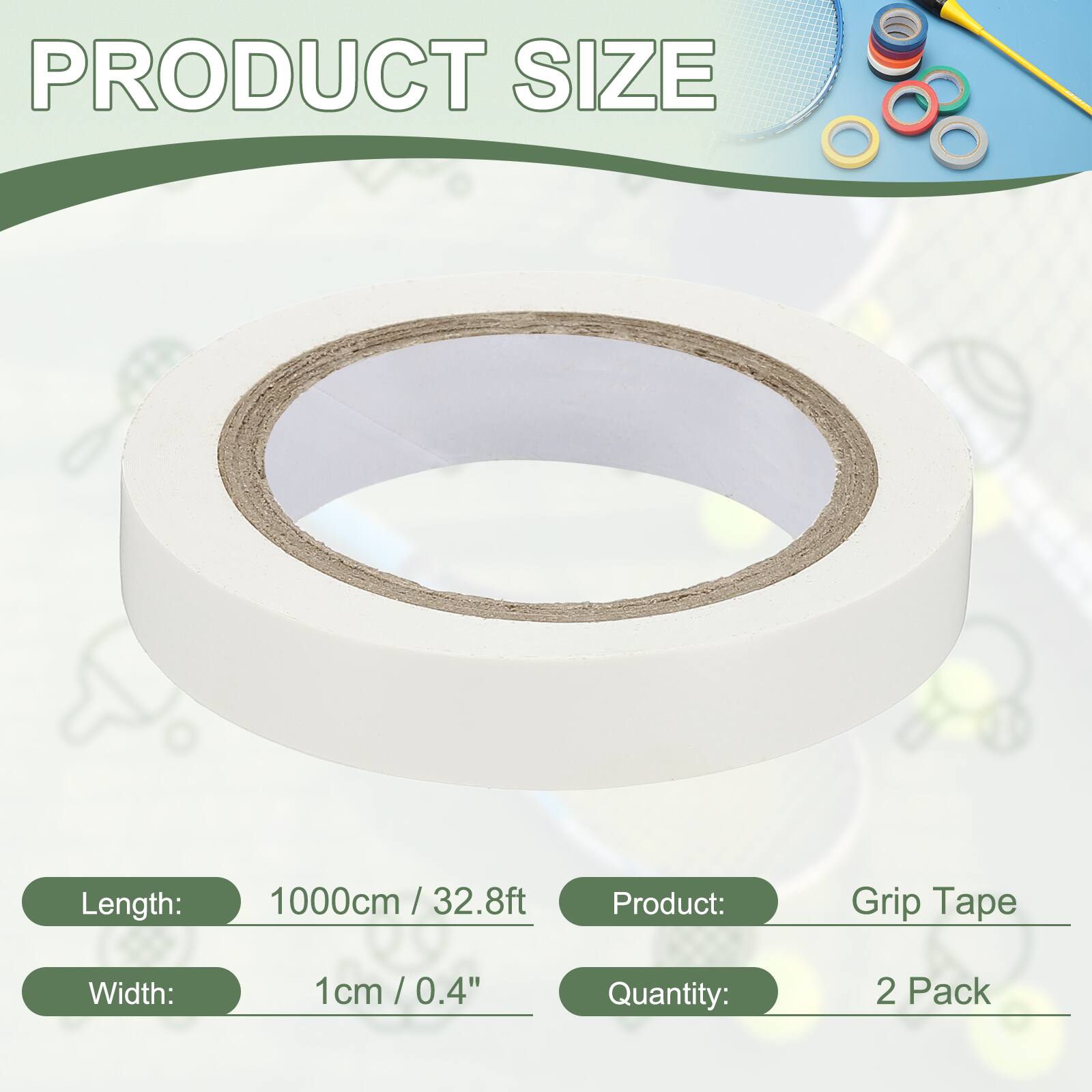 PRODUCT SIZE

Length: 1000cm / 32.8ft  
Width: 1cm / 0.4"  
Product: Grip Tape  
Quantity: 2 Pack