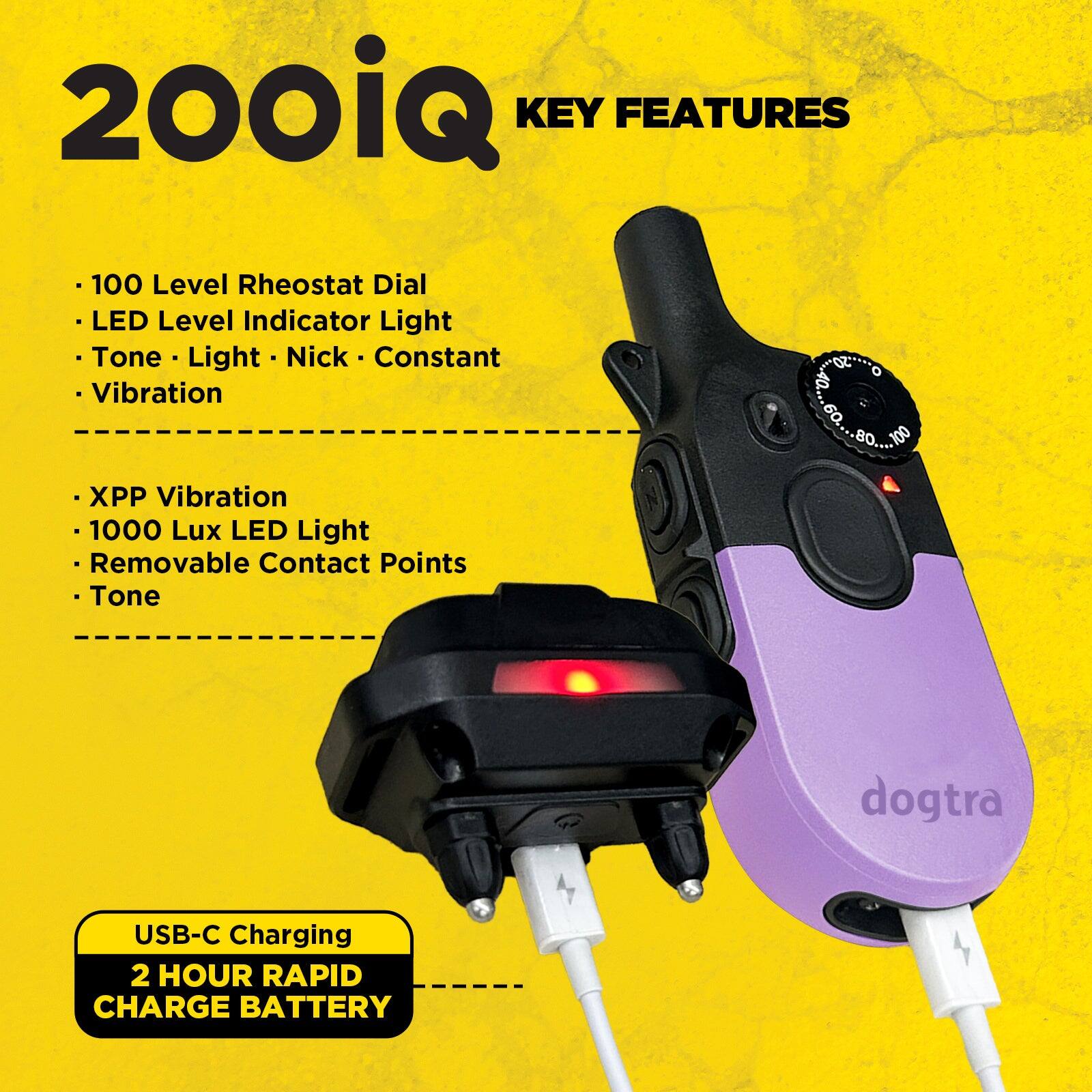 200iQ KEY FEATURES

- 100 Level Rheostat Dial
- LED Level Indicator Light
- Tone • Light • Nick • Constant Vibration
- XPP Vibration
- 1000 Lux LED Light
- Removable Contact Points
- Tone

USB-C Charging
2 HOUR RAPID CHARGE BATTERY