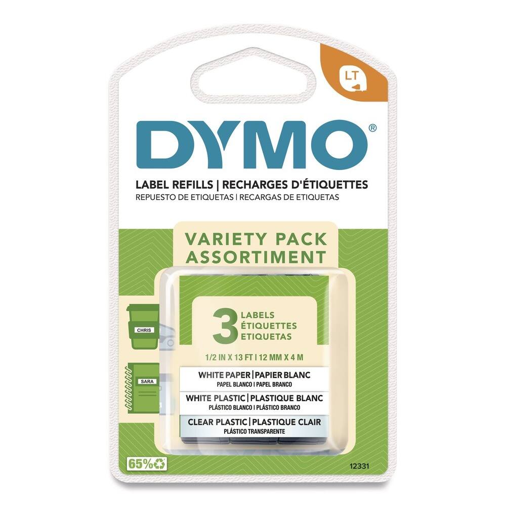 DYMO  
LABEL REFILLS | RECHARGES D'ÉTIQUETTES  
REPUESTO DE ETIQUETAS | RECARGAS DE ETIQUETAS  

VARIETY PACK ASSORTIMENT  
3 LABELS | 3 ÉTIQUETTES | 3 ETIQUETAS  
1/2 IN X 13 FT | 12 MM X 4 M  

WHITE PAPER | PAPIER BLANC | PAPEL BLANCO | PAPEL BRANCO  
WHITE PLASTIC | PLASTIQUE BLANC | PLASTICO BLANCO | PLASTICO BRANCO  
CLEAR PLASTIC | PLASTIQUE CLAIR | PLASTICO TRANSPARENTE  

65%  
12331