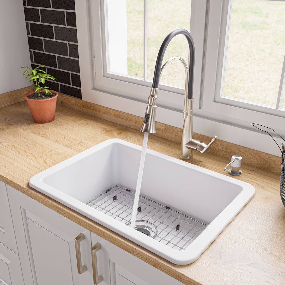 Angle. Alfi - White 27" x 18" Fireclay Undermount / Drop In Firelcay Kitchen Sink - White.