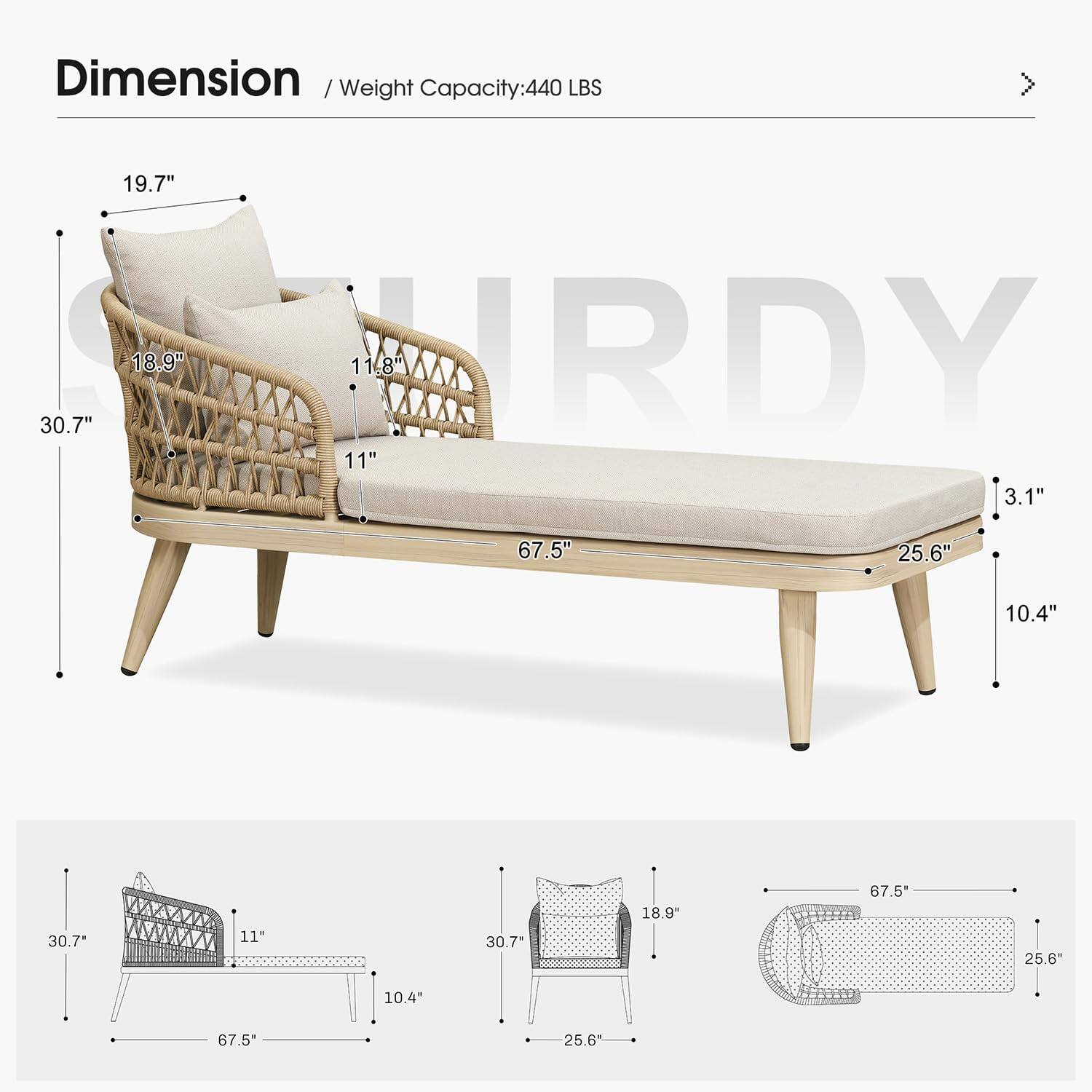 Dimension / Weight Capacity: 440 LBS

19.7"  
18.9"  
30.7"  
11.8"  
11"  
3.1"  
67.5"  
25.6"  
10.4"  
30.7"  
11"  
30.7"  
18.9"  
67.5"  
25.6"  
10.4"  
67.5"  
25.6"