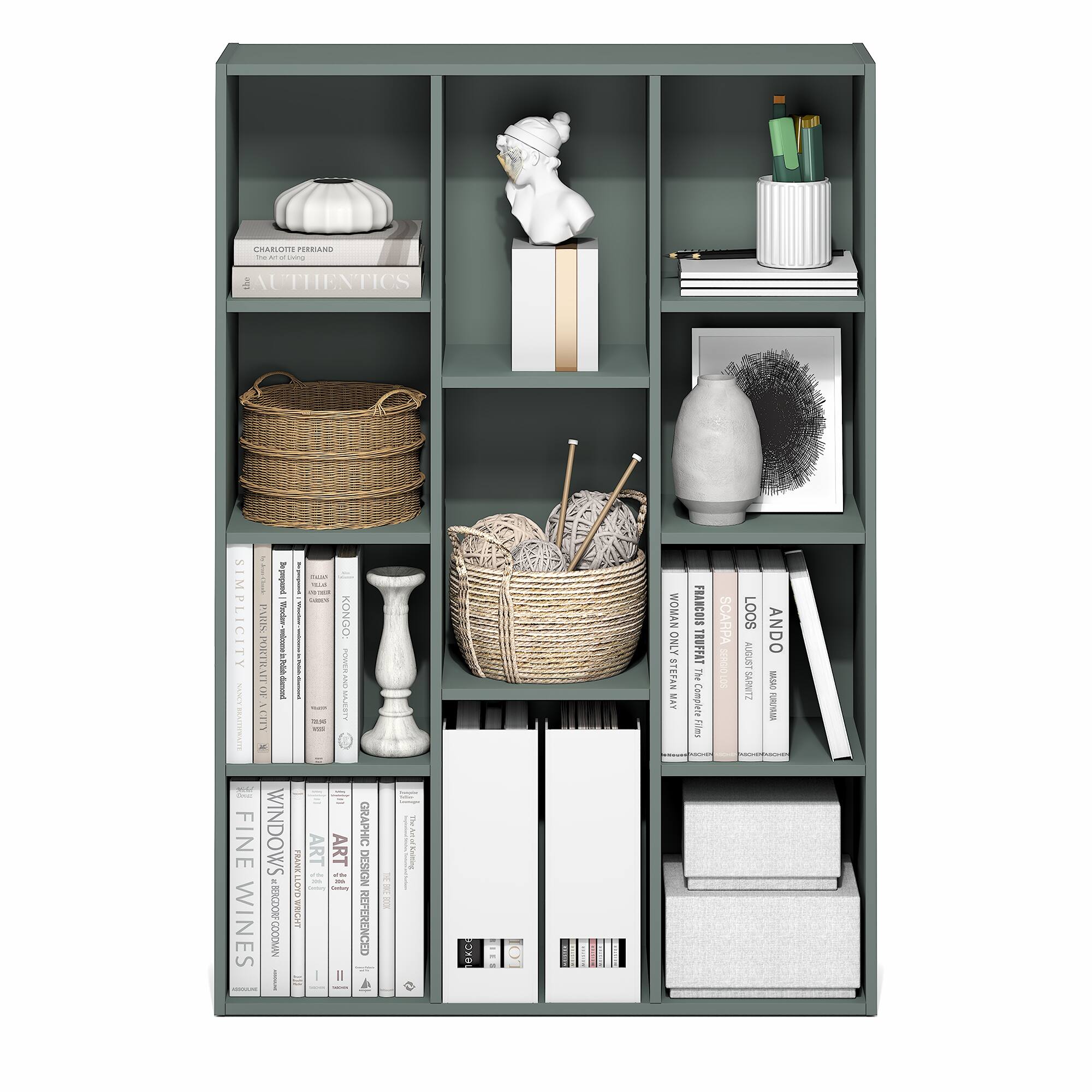 Certainly! Here is the corrected and grouped text from the image:

**Top Shelf:**
- CHARLOTTE PERRAND
  - The Art of Living
- AUTHENTICS

**Second Shelf:**
- (No visible text)

**Third Shelf:**
- (No visible text)

**Fourth Shelf:**
- SIMPLE LUXURY
  - The Art of Living
- BRIGITTE BILDERBORG
  - The Art of Living
- KONGO
  - The Art of Living

**Fifth Shelf:**
- FINE WINDOWS
  - FINE WINE
- ART
  - GRAPHIC DESIGN
  - ENRICHMENT

**Bottom Shelf:**
- WOMAN ONLY
  - STEFAN MAY
- FABRICE MIGNON
  - THE COMPLETE FILES
- SCARPA
  - 5010063
- ANDO
  - (No visible text)

**Additional Text:**
- ORERA ASTY GLESTY
- FRANK LLOYD-WRIGHT
- DEEA GRAPHIC DESIGN ENRICHMENT

**Other Items:**
- (No visible text on decorative items or baskets)