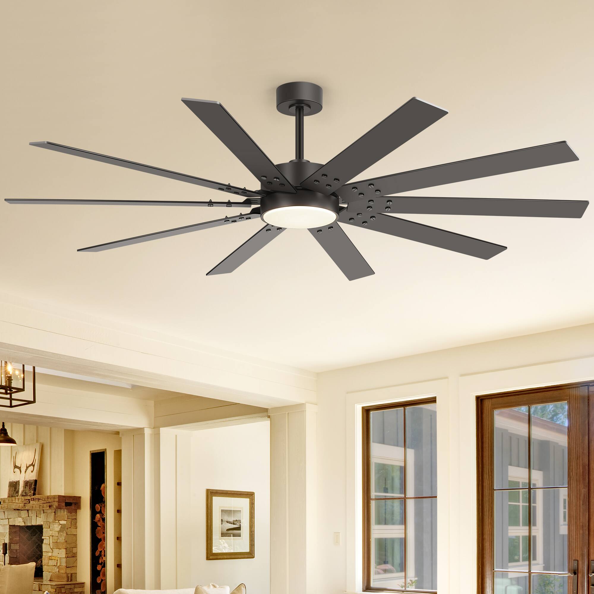 Angle. Breezary - 72-Inch Large Ceiling Fan with Dimmable LED Light, 10 Plywood Blades, DC Motor, Remote Control, Sloped Ceiling - Black & Walnut.