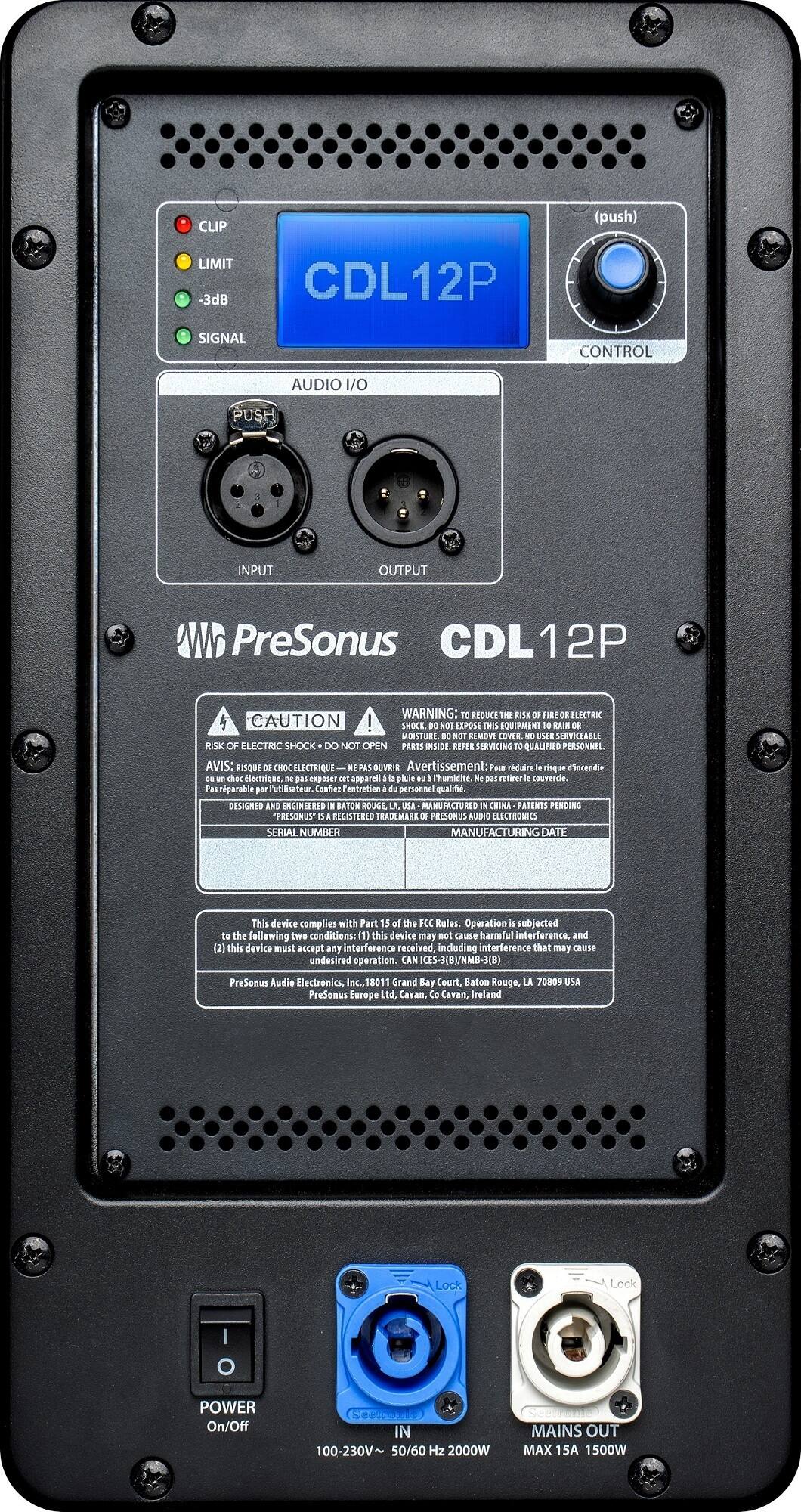 CLIP (push) LIMIT -3dB CDL12P SIGNAL CONTROL AUDIO I/O INPUT OUTPUT

PreSonus CDL12P

WARNING: REDUCE THE RISE OF FIRE OR ELECTRIC SHOCK. DO NOT EXPOSE THIS EQUIPMENT TO RAIN OR MOISTURE. DO NOT REMOVE COVER. USER SERVICEABLE PARTS INSIDE. REFER SERVICING TO QUALIFIED PERSONNEL.

AVIS: RISQUE D'ÉLECTRIC SHOCK. NE PAS OUVRIR. Avertissement: Risque d'incendie, risque électrique. Ne pas exposer cet appareil à la pluie ou à l'humidité. Ne pas retirer le couvercle. Pas réparable par l'utilisateur. Confiez l'entretien au personnel qualifié.

DESIGNED AND ENGINEERED IN THE USA MANUFACTURED IN CHINA PATENTS PENDING "PRESONUS" S REGISTERED TRADEMARK

SERIAL NUMBER MANUFACTURING DATE

This device complies with Part 15 of the FCC Rules. Operation is subject to the following two conditions: (1) this device may not cause harmful interference, and (2) this device must accept any interference received, including interference that may
