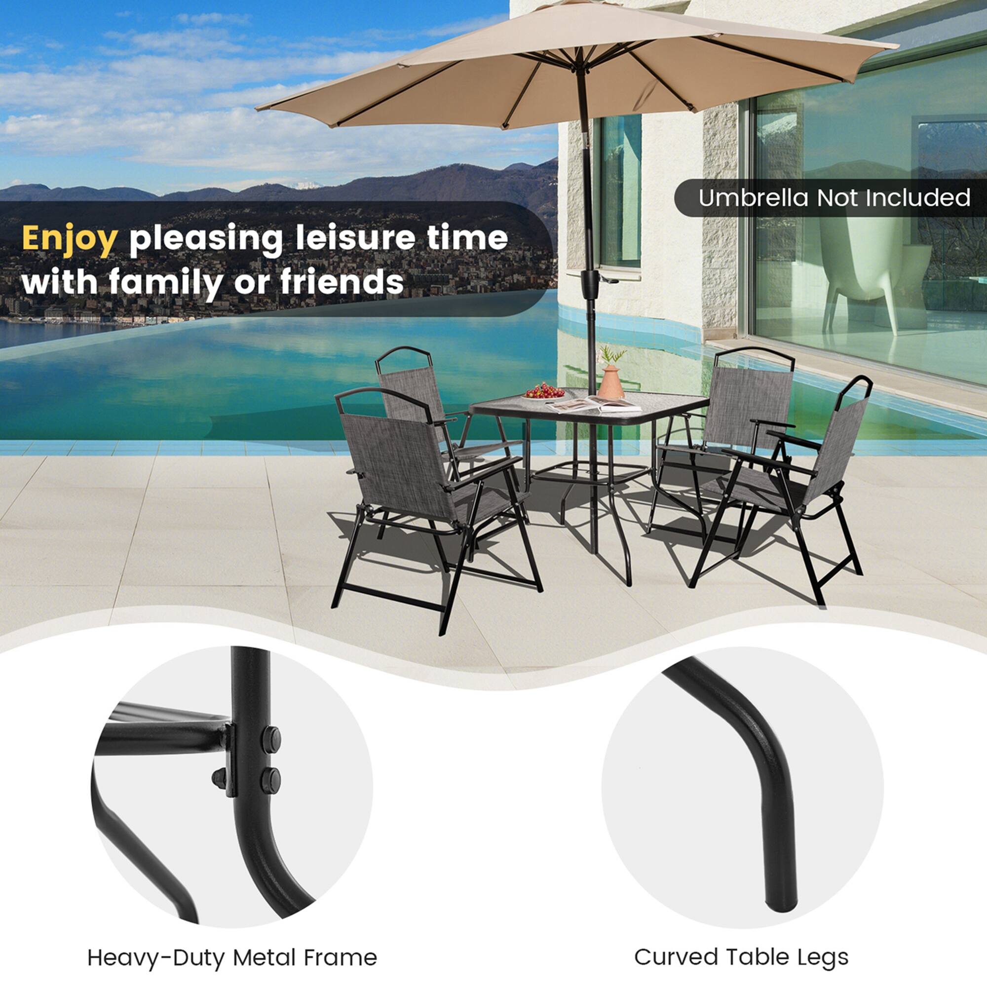 Enjoy pleasing leisure time with family or friends, Umbrella Not Included, Heavy-Duty Metal Frame, Curved Table Legs.
