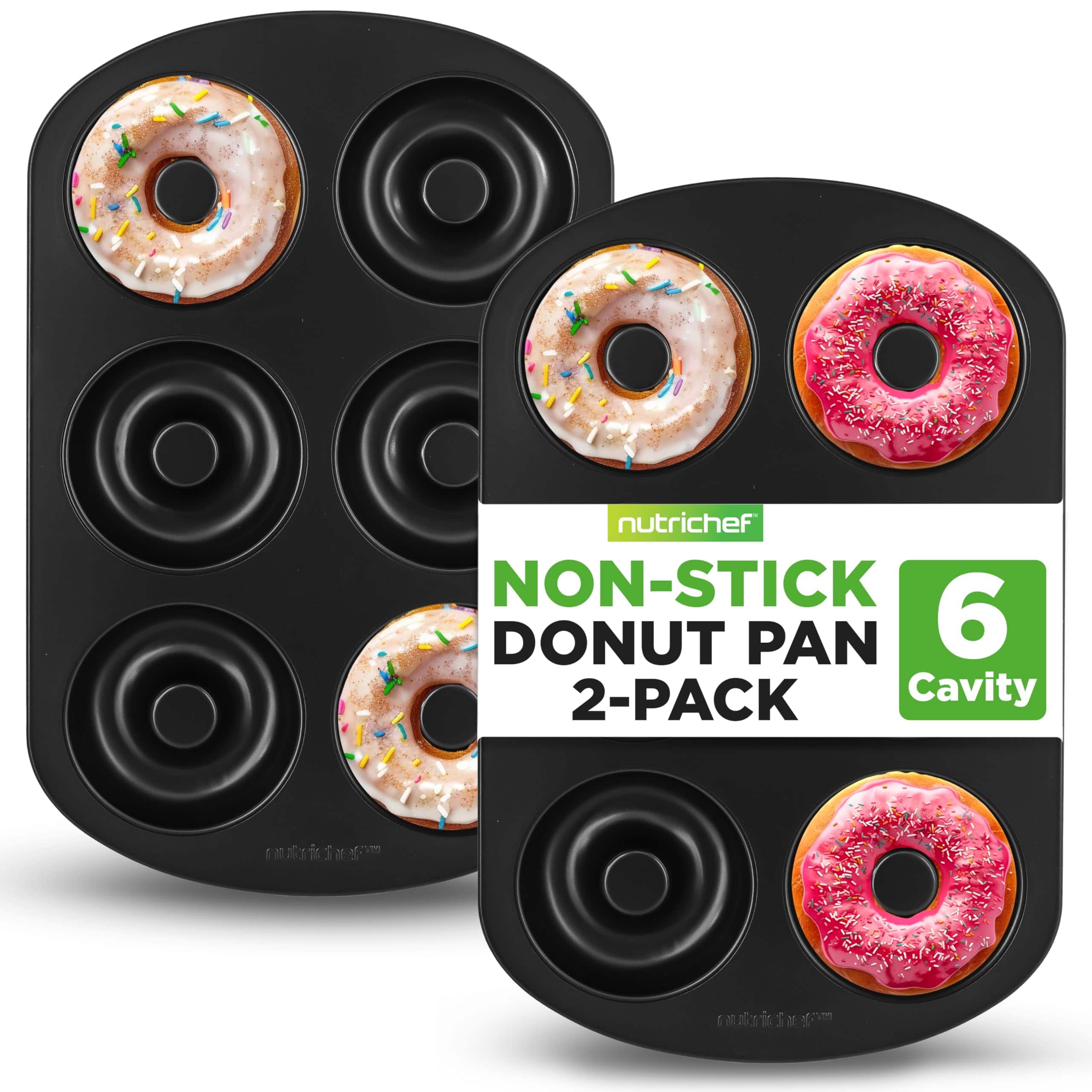 NutriChef - Nonstick Donut Pans for Baking - 6 Durable Fits Full-Sized Doughnuts - 2 Pack - Black