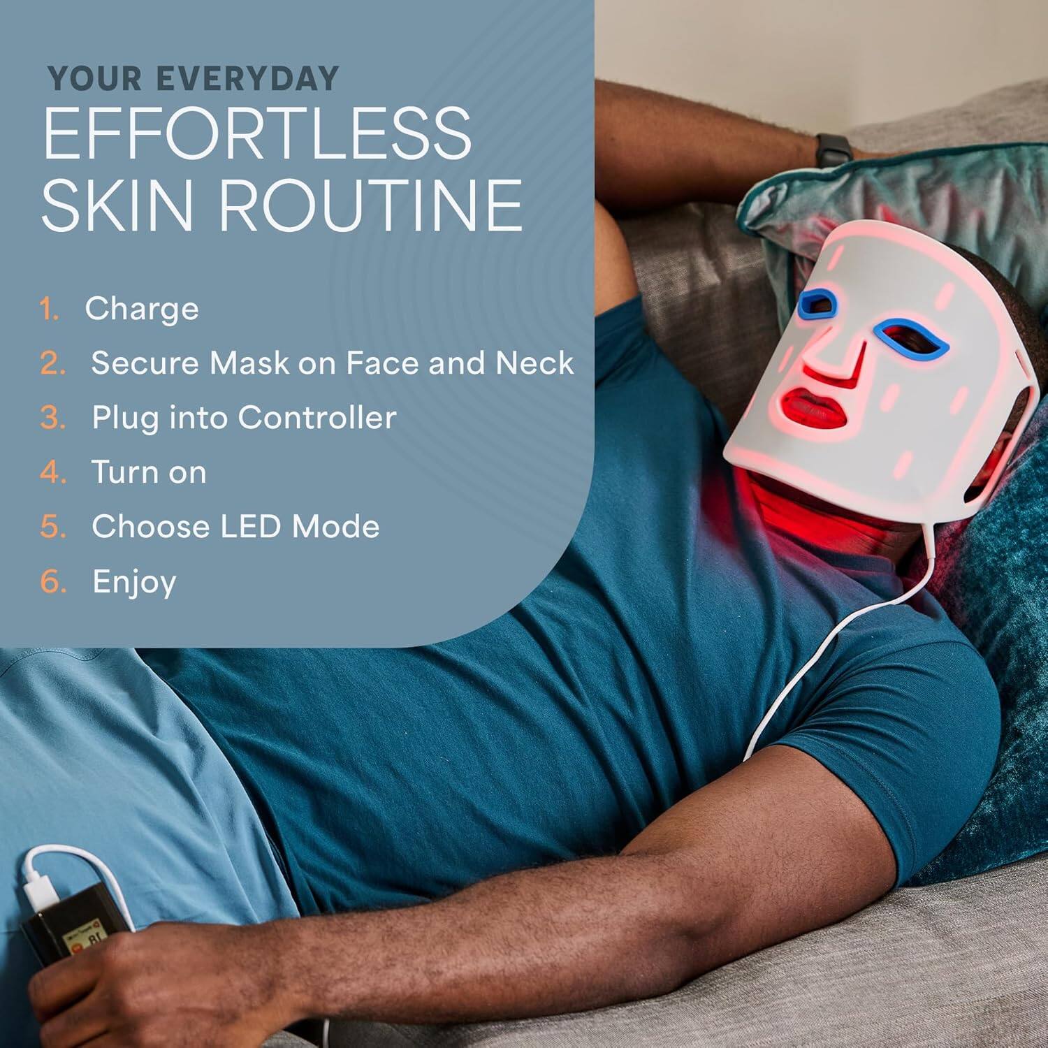 YOUR EVERYDAY EFFORTLESS SKIN ROUTINE

1. Charge
2. Secure Mask on Face and Neck
3. Plug into Controller
4. Turn on
5. Choose LED Mode
6. Enjoy