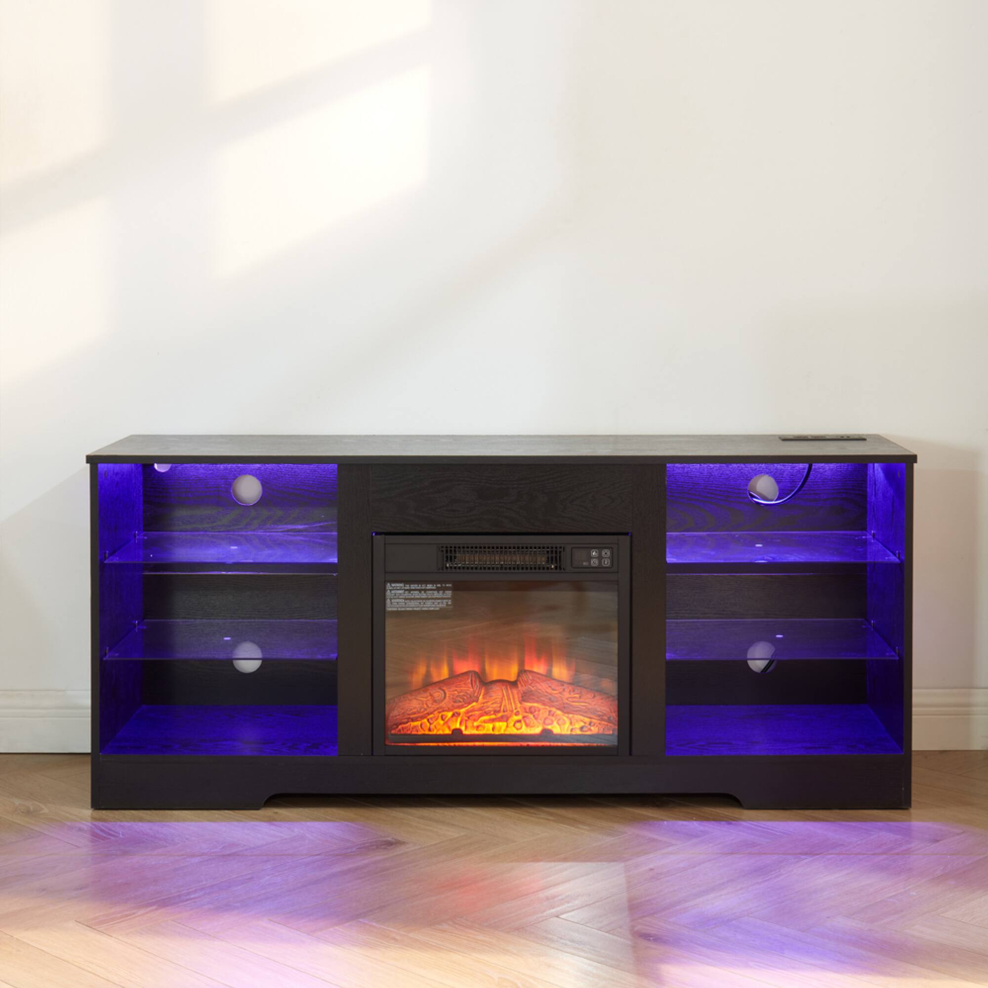 Alt View 9. GOODSILO - Electric Fireplace TV Stand with Adjustable Glass Shelves and LED Lighting for Televisions Up to 62 Inches - Black.