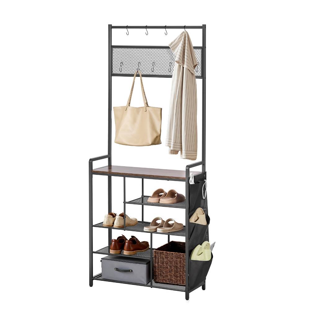 Alt View 7. Loheer - Loheer 70.9 in hall tree with shoe storage, freestanding 4-tier shoe rack organizer with side pocket, dark brown - Dark Brown.