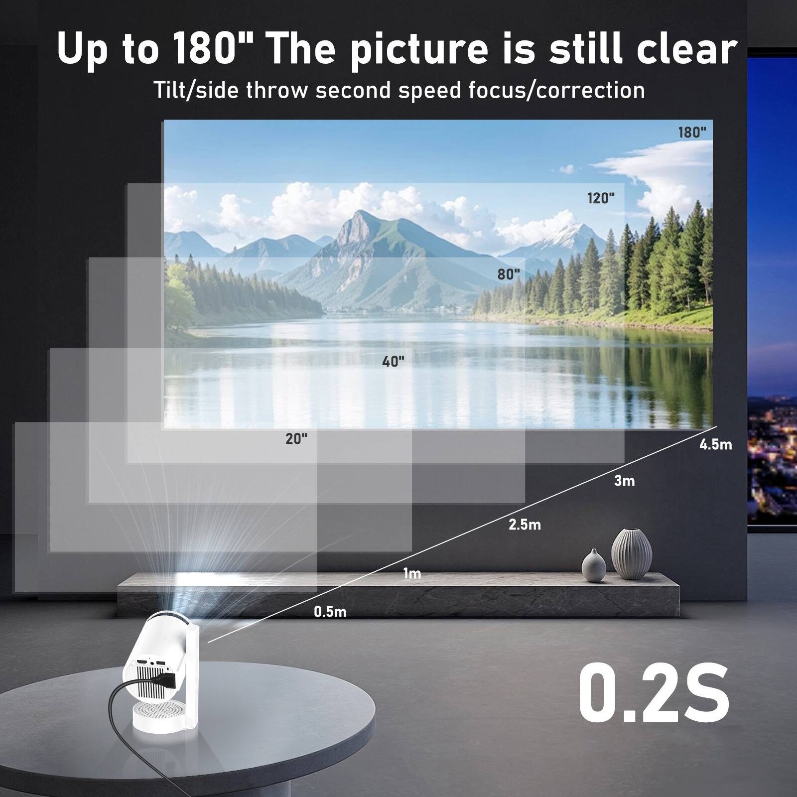 Up to 180" The picture is still clear  
Tilt/side throw second speed focus/correction  

180"  
120"  
80"  
40"  
20"  
4.5m  
3m  
2.5m  
1m  
0.5m  
0.2S