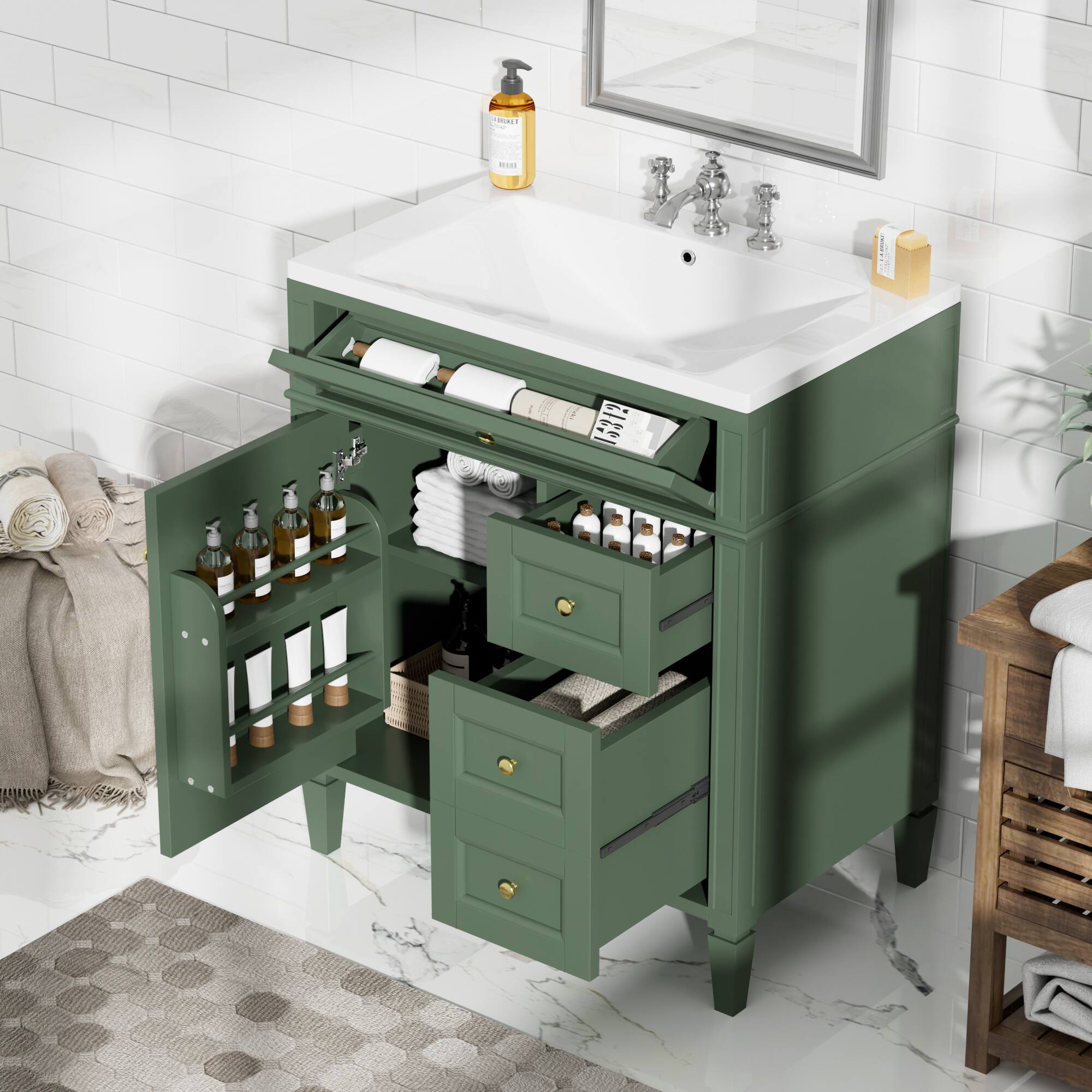 Alt View 2. Boyel Living - 30 Inch Bathroom Vanity with Resin Sink Top Two Drawers Tip Out Green - Green.