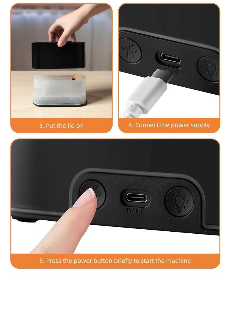 3. Put the lid on  
4. Connect the power supply  
5. Press the power button briefly to start the machine