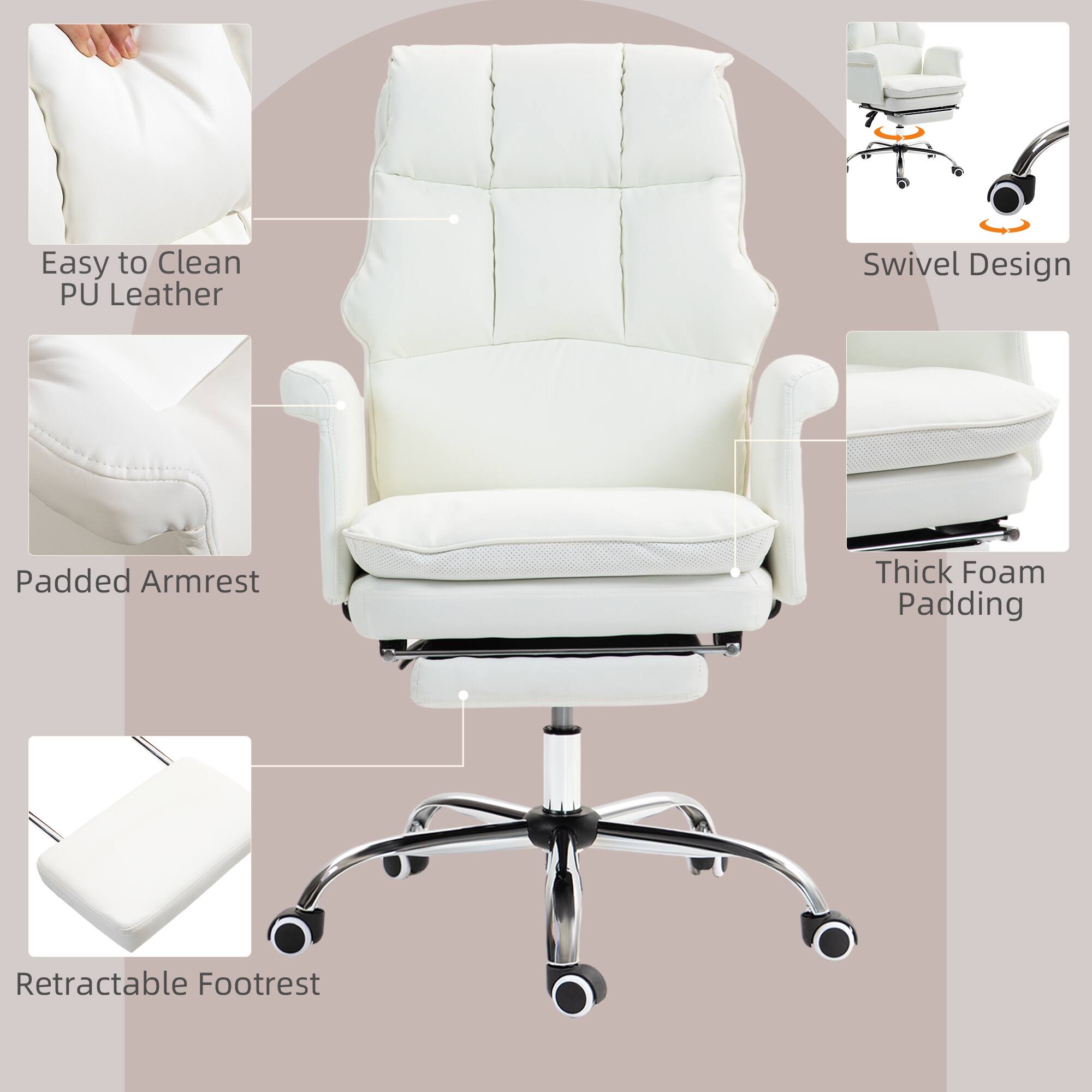 Easy to Clean PU Leather, Padded Armrest, Thick Foam Padding, Retractable Footrest, Swivel Design