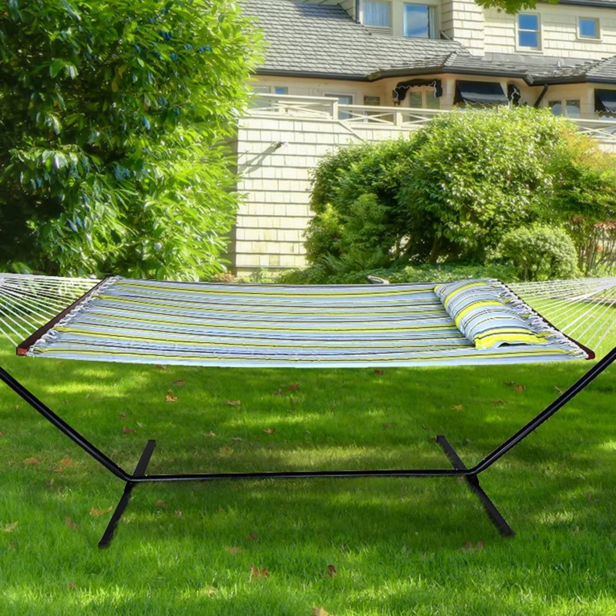 Angle. Sorbus - Sorbus Double Hammock With Stand - Quilted Fabric - Green blue.