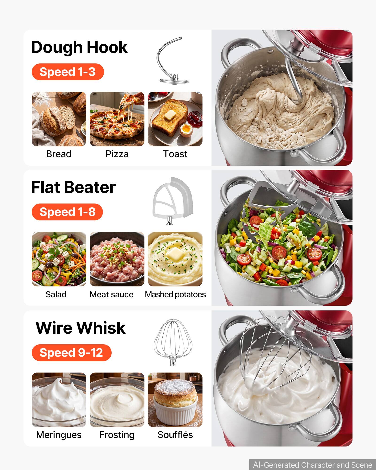 Dough Hook  
Speed 1-3  
Bread  
Pizza  
Toast  

Flat Beater  
Speed 1-8  
Salad  
Meat sauce  
Mashed potatoes  

Wire Whisk  
Speed 9-12  
Meringues  
Frosting  
Soufflés  

AI-Generated Character and Scene