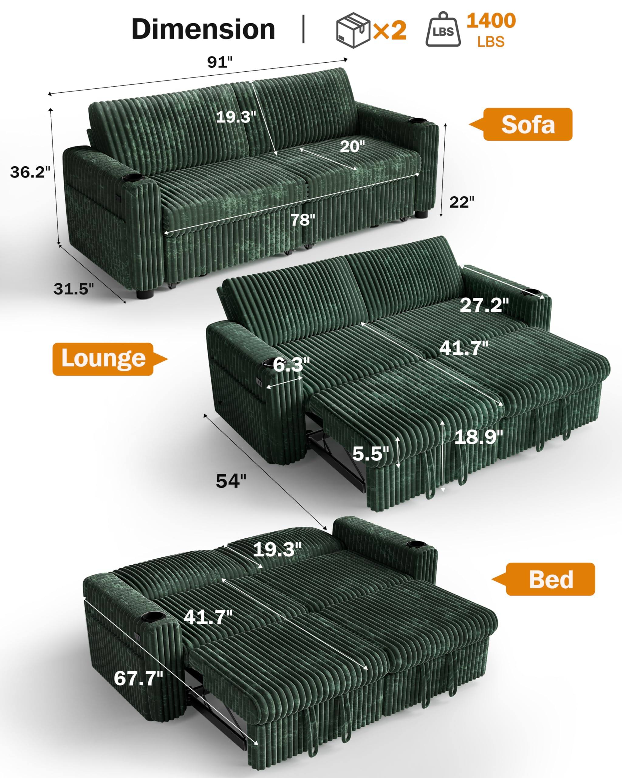 Dimension  
Sofa: 91" x 36.2" x 20" x 78" x 22" x 19.3"  
Lounge: 54" x 41.7" x 27.2" x 18.9" x 5.5" x 6.3"  
Bed: 67.7" x 41.7" x 19.3"  
Weight: 1400 LBS (x2)