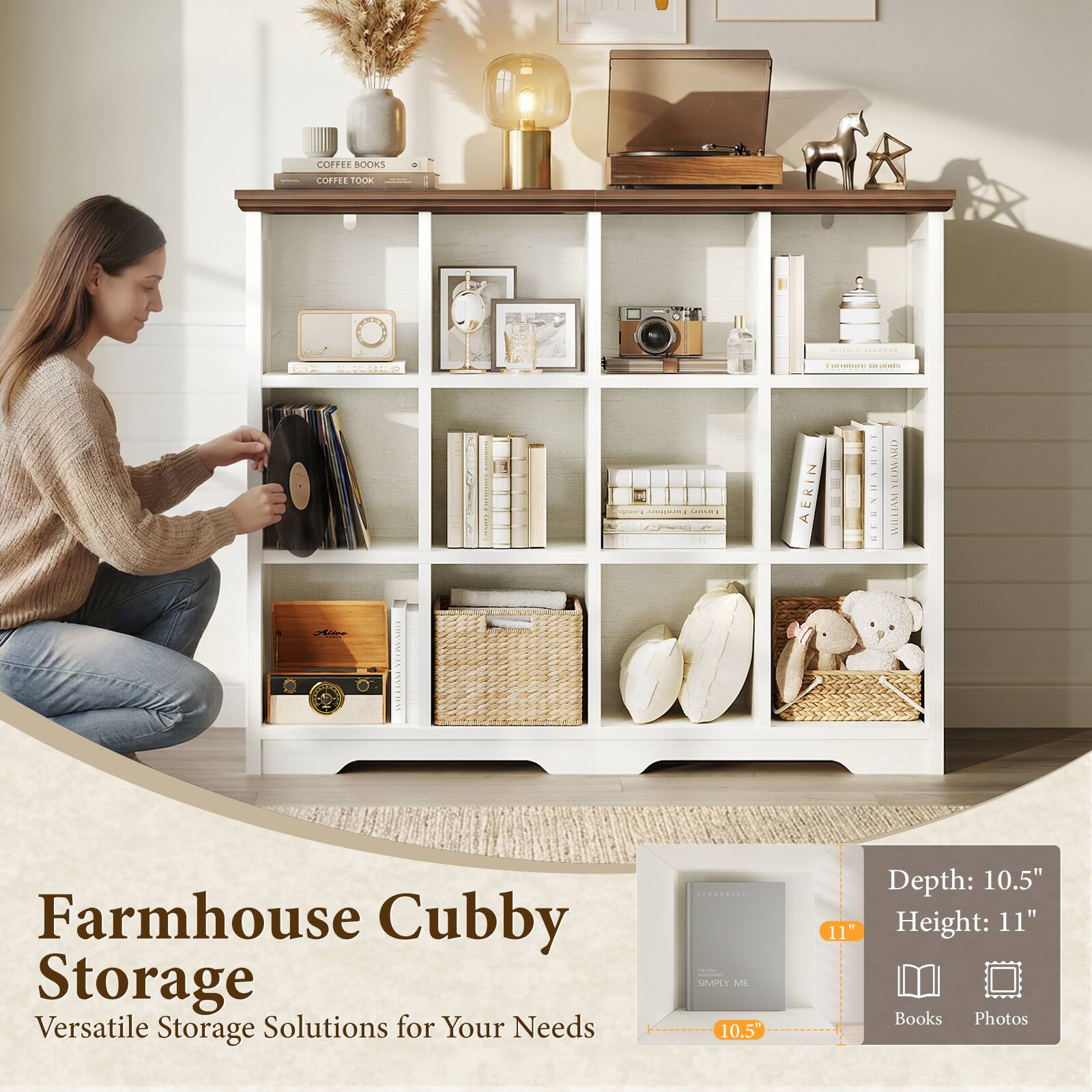 COFFEE BOOKS  
COFFEE TOOK  
I Ps TI ee  

Farmhouse Cubby Storage  
Versatile Storage Solutions for Your Needs  

Depth: 10.5"  
Height: 11"  

Books  
Photos