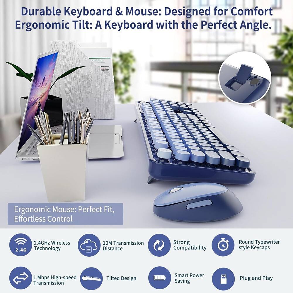 Durable Keyboard & Mouse: Designed for Comfort  
Ergonomic Tilt: A Keyboard with the Perfect Angle.

Ergonomic Mouse: Perfect Fit, Effortless Control

- 2.4GHz Wireless Technology
- 10M Transmission Distance
- 1 Mbps High-speed Transmission
- Tilted Design
- Strong Compatibility
- Round Typewriter style Keycaps
- Smart Power Saving
- Plug and Play