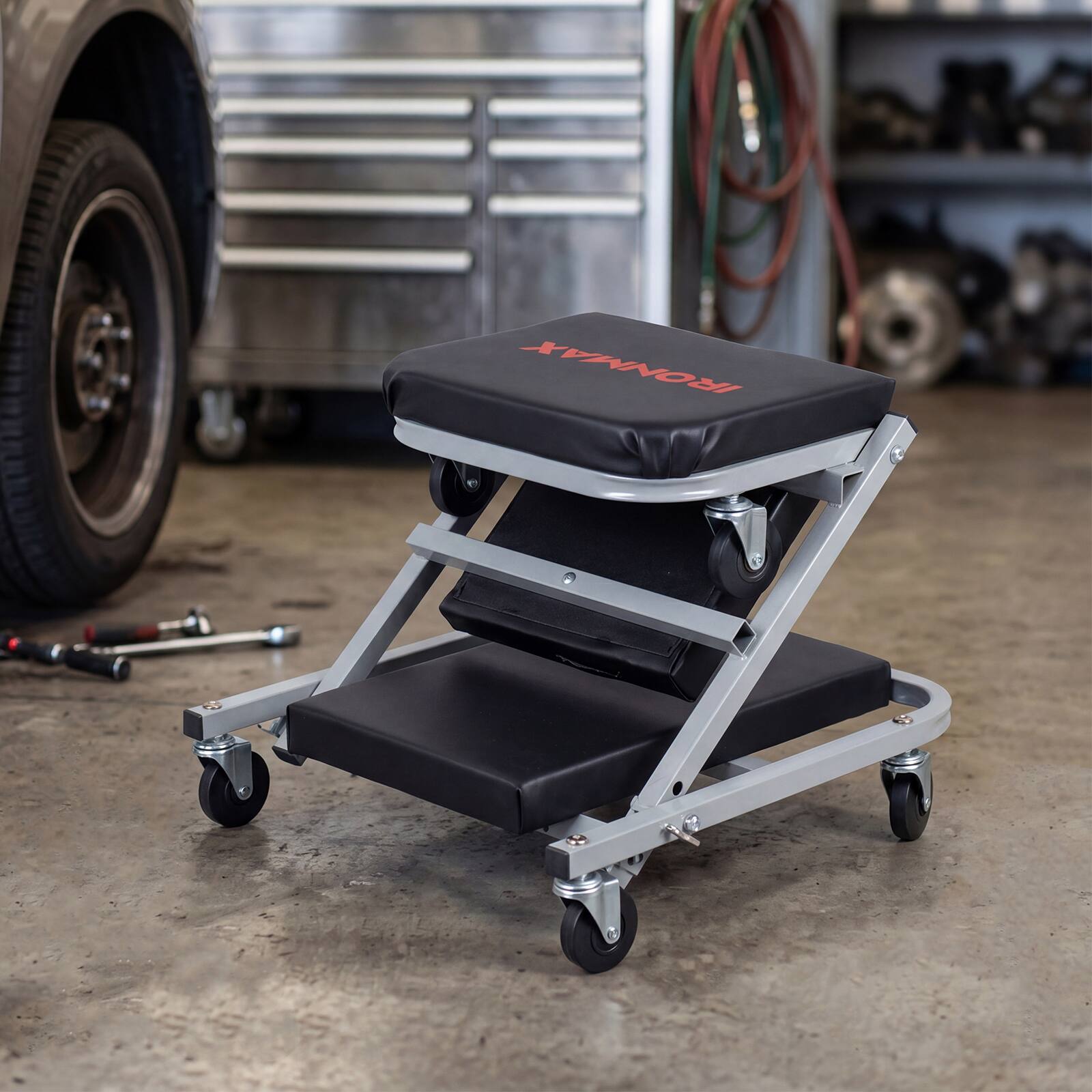 Alt View 4. Costway - Ironmax 36" 2-in-1 Mechanic Creeper & Z-Seat with 6 Swivel Casters, Locking Pin, Thick Pad - Black and Gray.