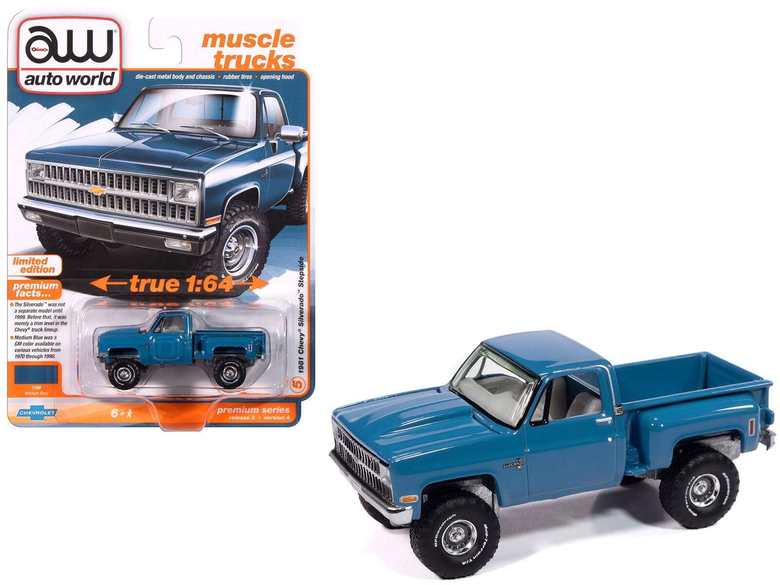 Autoworld - 1981 Chevrolet Silverado Stepside Pickup Truck "Muscle Trucks" Series 1/64 Diecast Model Car by Auto World - Blue