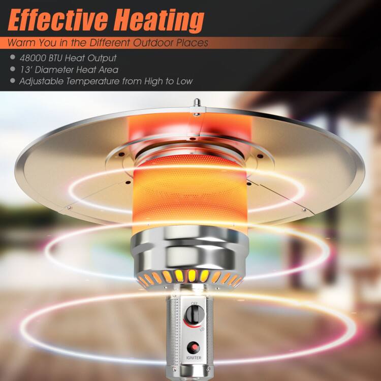 Effective Heating  
Warm You in the Different Outdoor Places  

- 48000 BTU Heat Output  
- 13' Diameter Heat Area  
- Adjustable Temperature from High to Low  

IGNITER