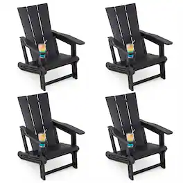 Gymax - 4PCS Adirondack Chair w/ Cup Holder All-Weather HDPE Plastic Patio Chair - Black
