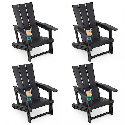 Front. Gymax - Gymax 4PCS Adirondack Chair w/ Cup Holder All-Weather HDPE Plastic Patio Chair - Black.
