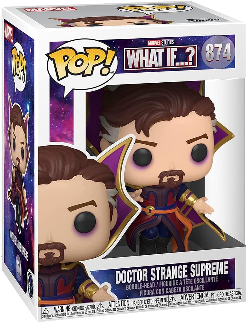 FAE MOP TL ARE MARVEL STUDIOS WHAT IF.? 874 POP! THE DOCTOR STRANGE SUPREME FIGURINE TTE OSCILLANTE BOBBLE-HEAD I CON CABEZA OSCILANTE FIGURA PELIGRO DE ASFIXIA, 'TOUFFEMENT. ADVERTENCIA: para niños menores de 36 meses. DANGER D' petits. No es adecuado HAZARD. ATTENTION: XUS enfants de moins de 36 mois Partes ! WARNING: CHOKING Petites pièces. Ne convient pas children under 36 months Not suitable for Small parts.