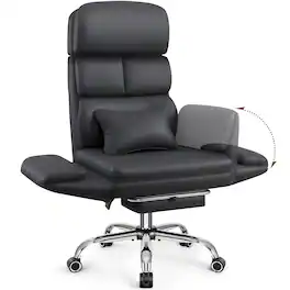 KERDOM - Big Tall Office Chair with Reversible Arm, PU Leather Executive Manager Boss Chair with Lifting Headrest & Lumbar Pillow - Black