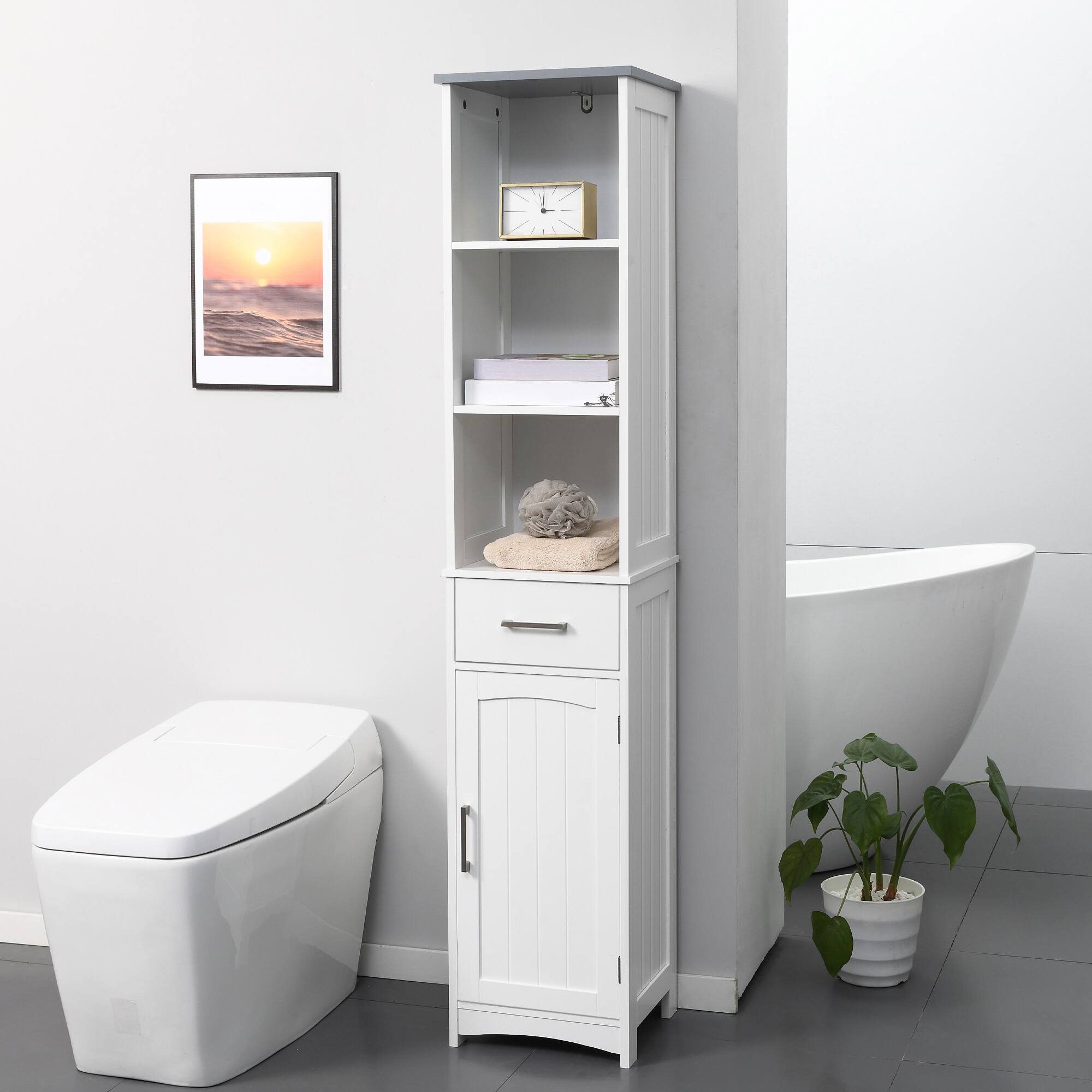 Alt View 1. Kleankin - Tall Bathroom Storage Cabinet, Narrow Bathroom Cabinet with 3 Tier Shelving, Drawer and Adjustable Shelves - White.
