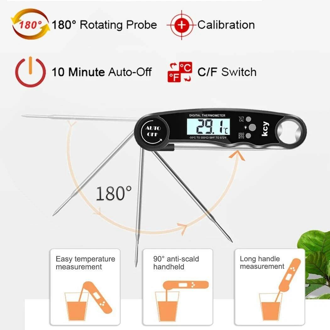 180° Rotating Probe  
+ Calibration  
10 Minute Auto-Off  
C/F Switch  
AUTO OFF  
DIGITAL THERMOMETER  
-40°C TO 300°C / -40°F TO 572°F  
kcy  
180  
Easy temperature measurement  
90° anti-scald handheld  
Long handle measurement