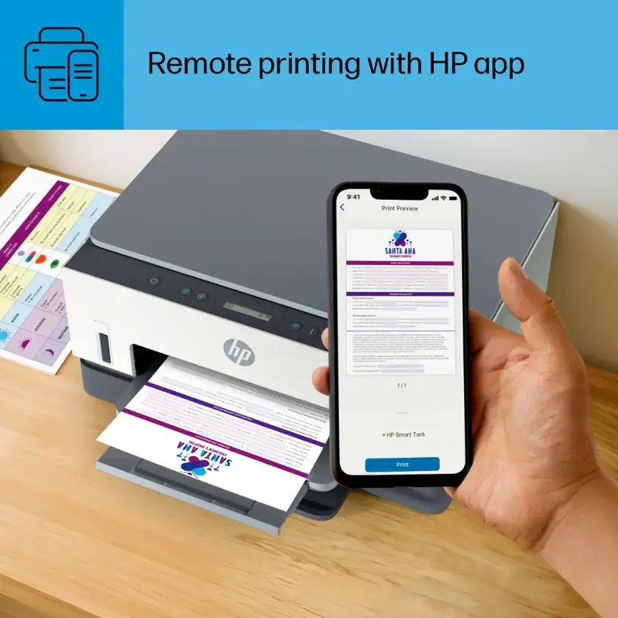 Remote printing with HP app.