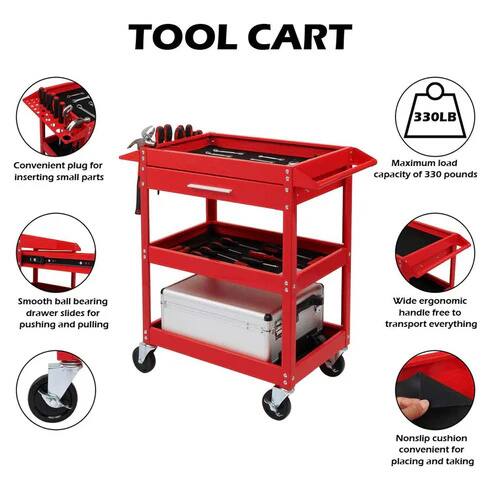 TOOL CART

- Convenient plug for inserting small parts
- Maximum load capacity of 330 pounds
- Smooth ball bearing drawer slides for pushing and pulling
- Wide ergonomic handle free to transport everything
- Nonslip cushion convenient for placing and taking