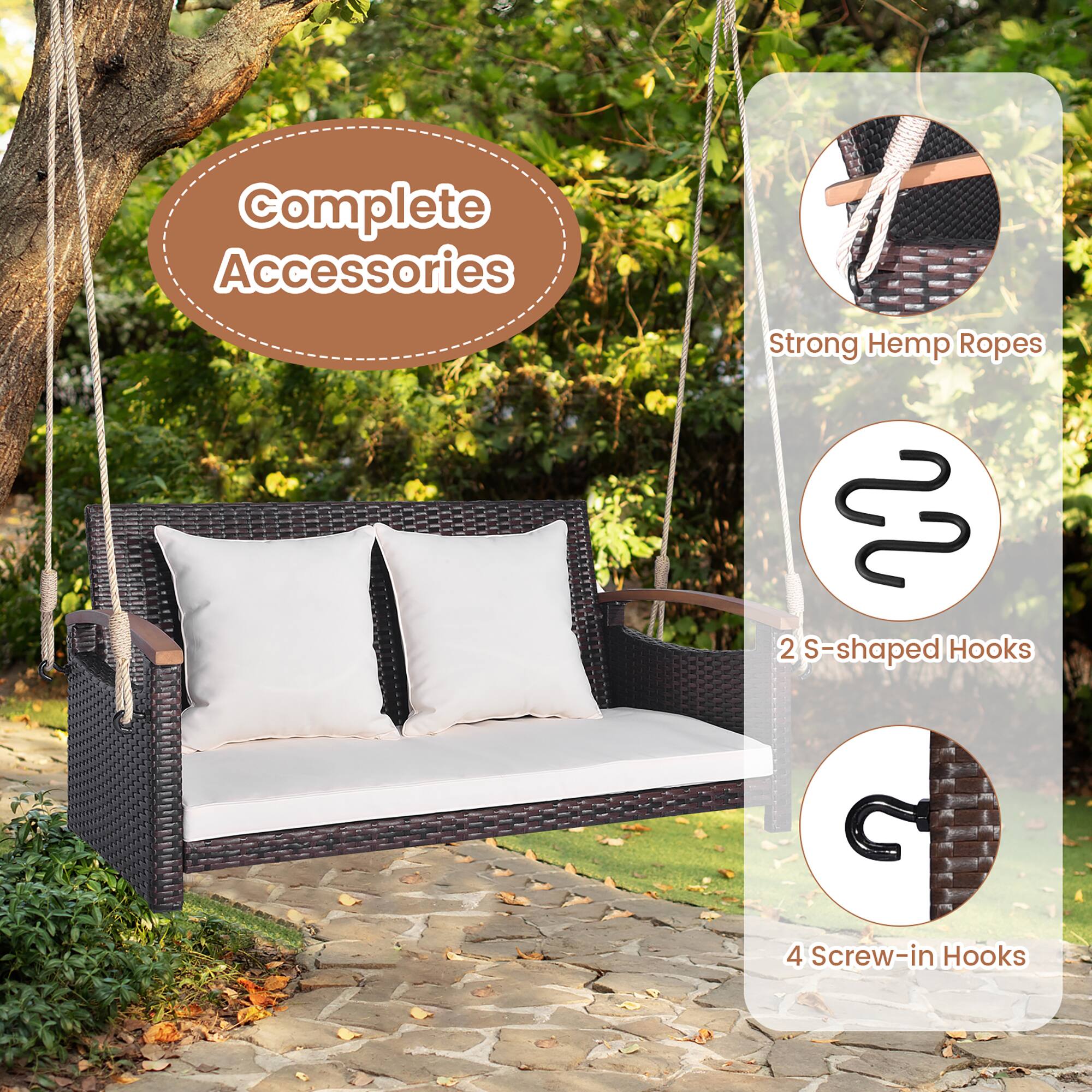 Alt View 5. Gymax - Gymax 2-seater hanging swing porch swing PE wicker swing outdoor hanging swing garden poolside - Mix Brown, White.