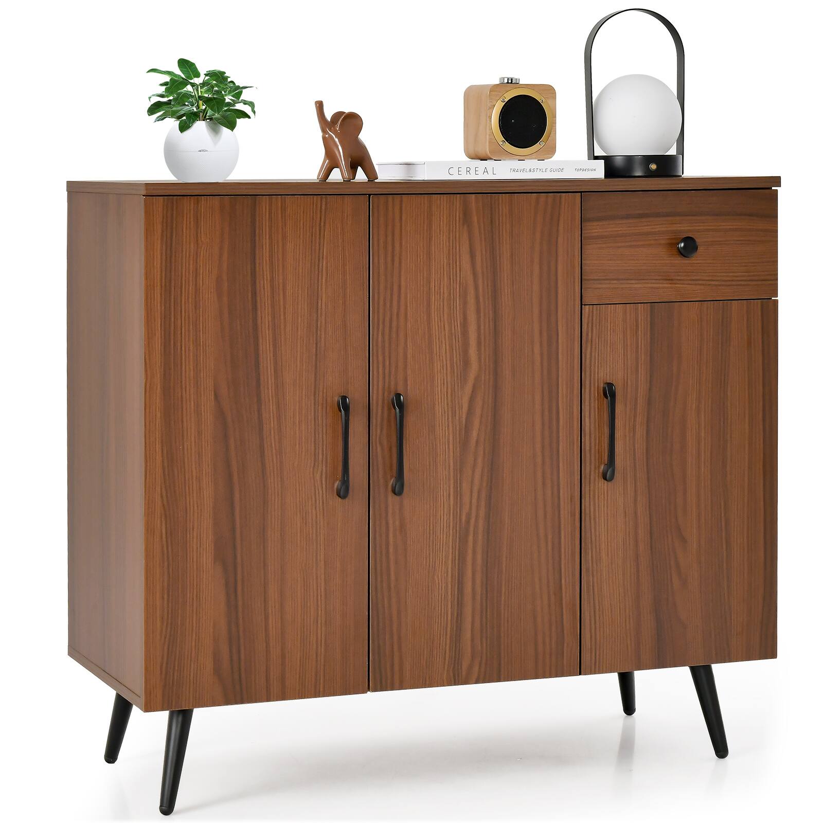 Ecooso - Sideboard Cabinet Organizer with 3 Doors Pull Out Drawer and Adjustable Shelves for Home Storage - Brown