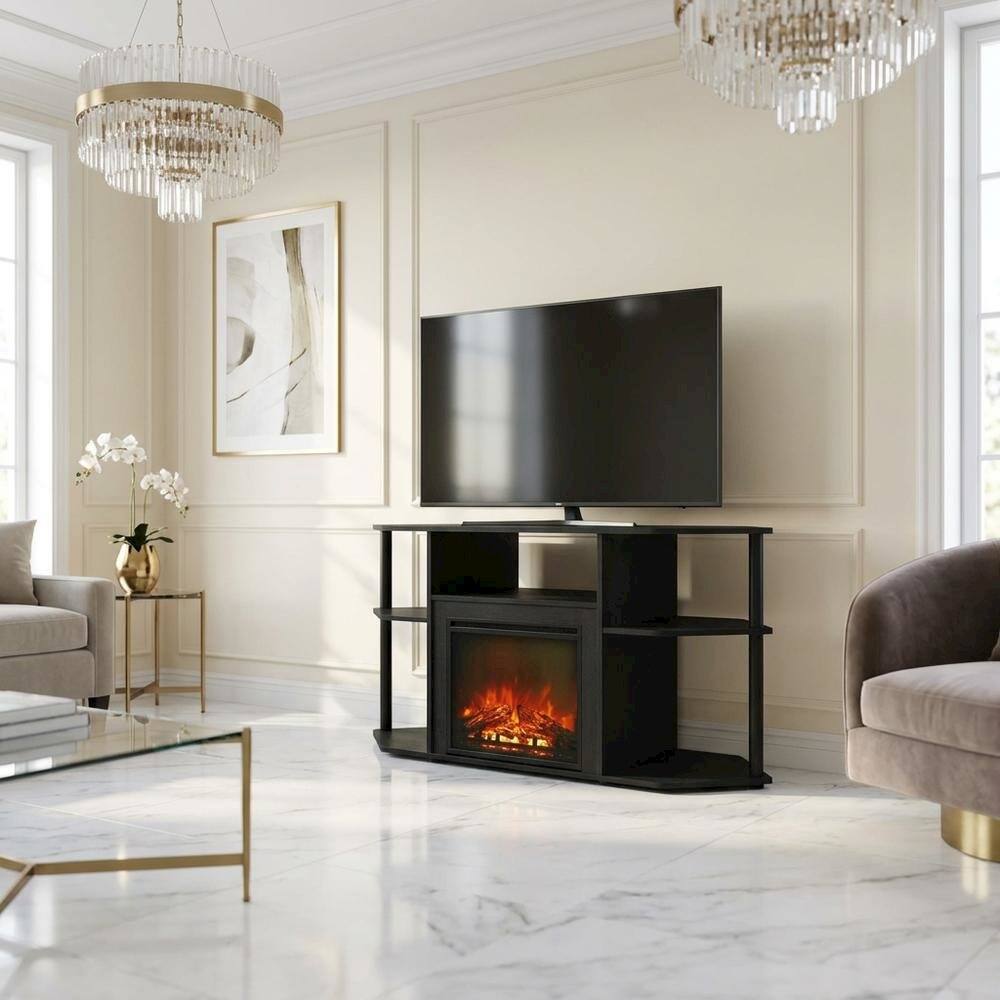 Angle. FurniFact - Dark Americano No Heat Fireplace TV Stand for 55-Inch TVs with Open Storage - Dark Americano/Black.