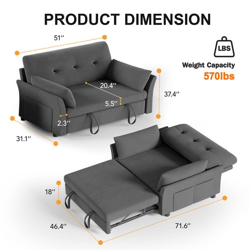 PRODUCT DIMENSION  
51" L x 20.4" W x 37.4" H  
Weight Capacity: 570lbs  
31.1" D x 46.4" W x 71.6" L