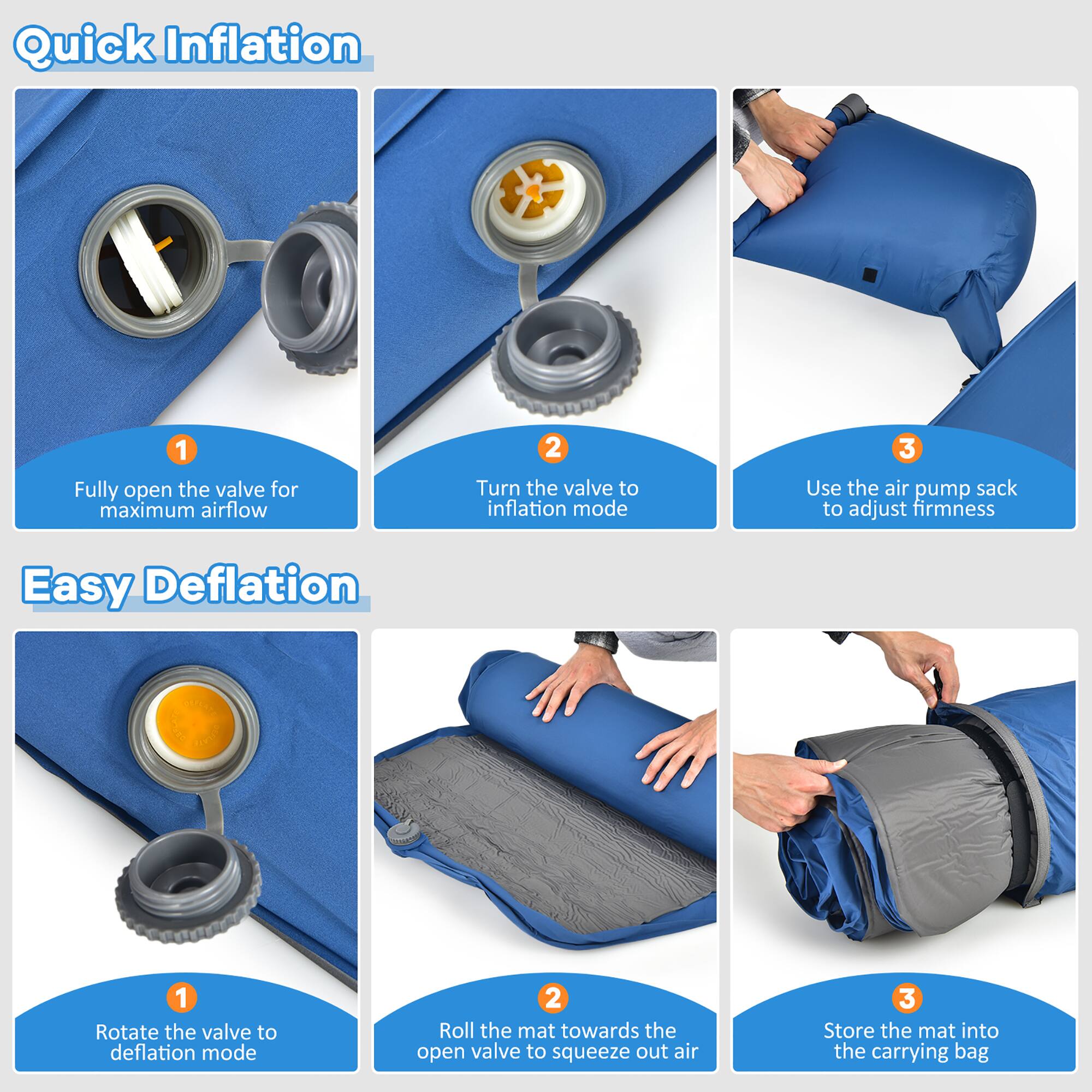 Quick Inflation  
1. Fully open the valve for maximum airflow  
2. Turn the valve to inflation mode  
3. Use the air pump sack to adjust firmness  

Easy Deflation  
1. Rotate the valve to deflation mode  
2. Roll the mat towards the open valve to squeeze out air  
3. Store the mat into the carrying bag