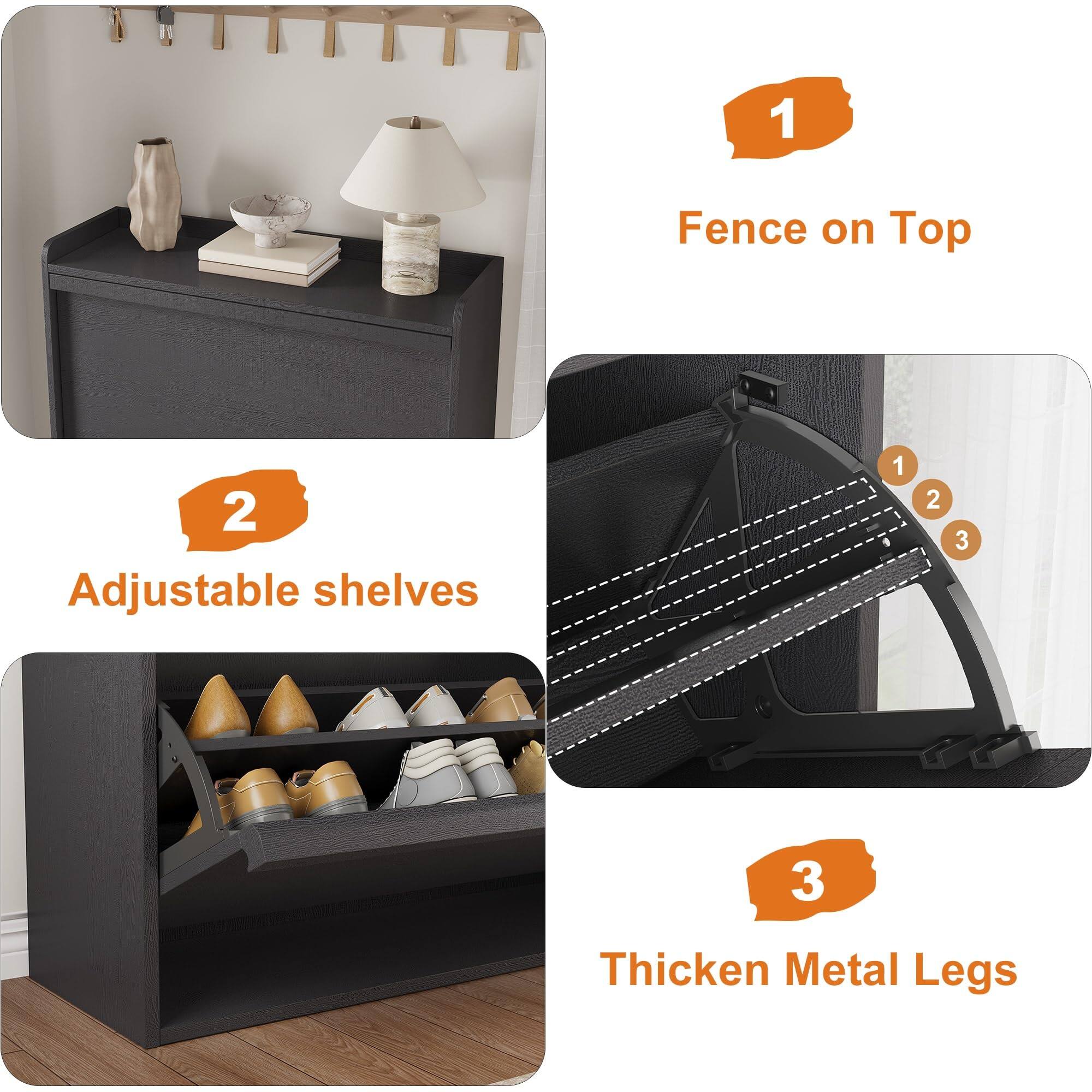 1. Fence on Top  
2. Adjustable shelves  
3. Thicken Metal Legs