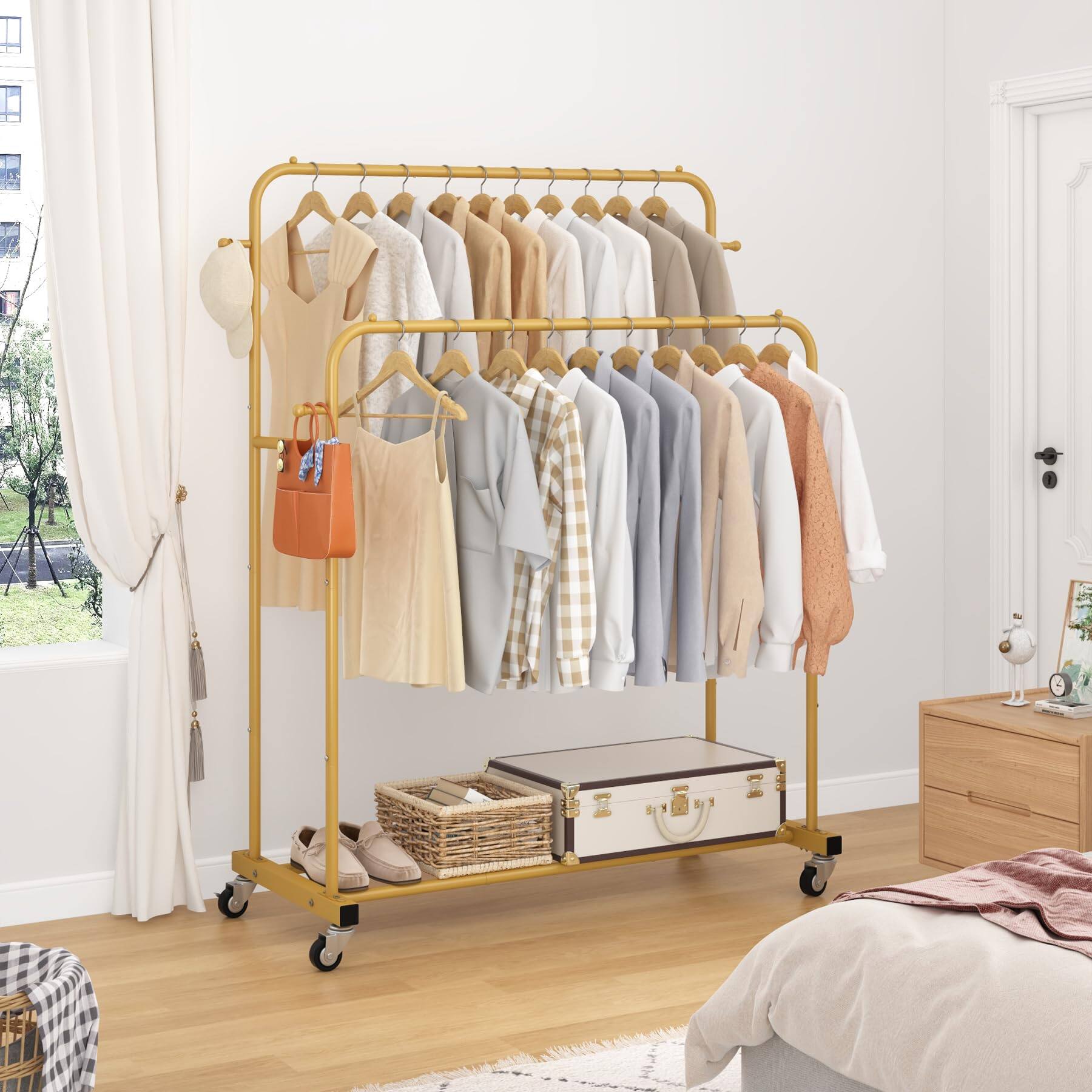 Alt View 1. Cedar Assembly - Double-pole clothes rack with wheels, for hanging clothes, 4 hooks, bedroom clothes rack, gold. - Gold.