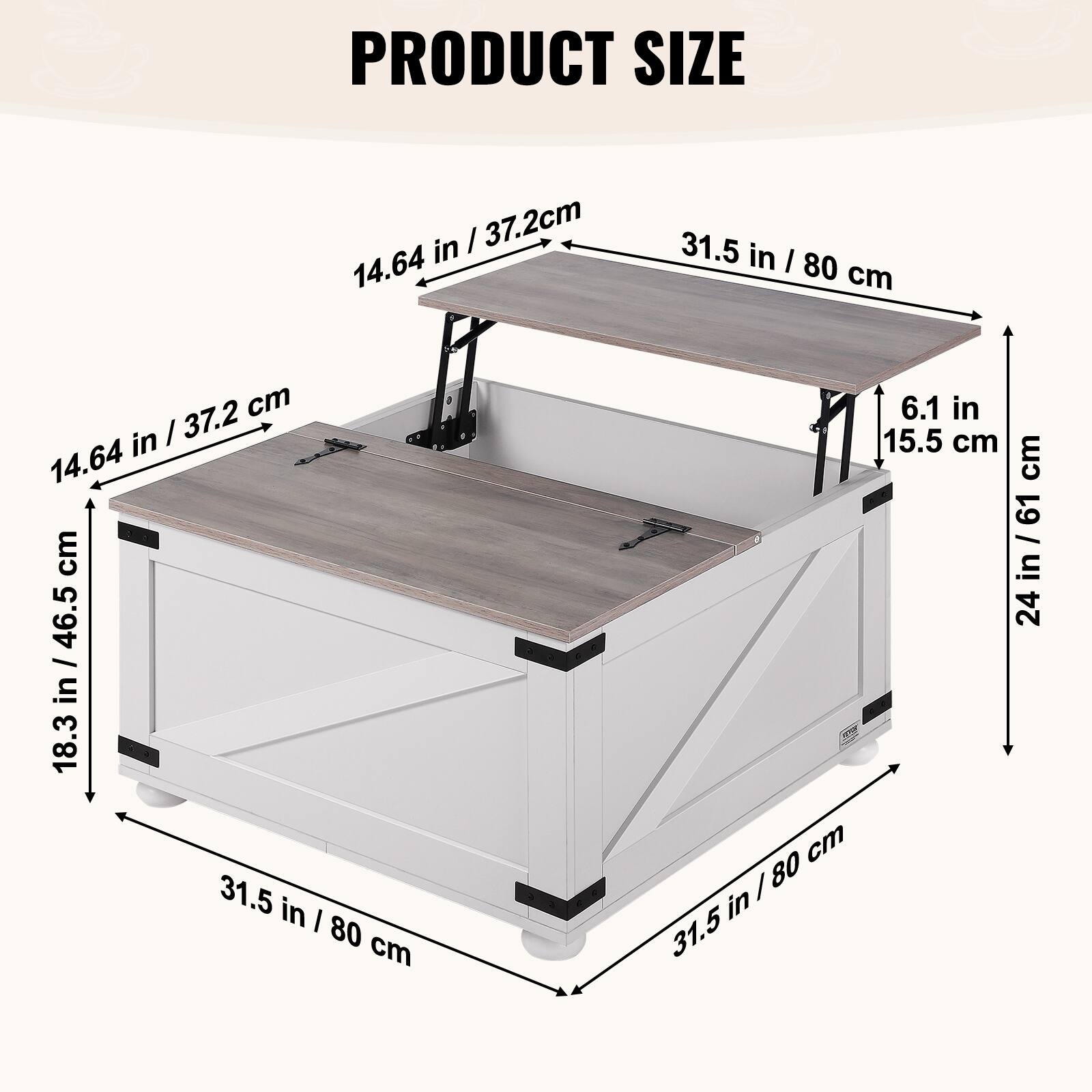 PRODUCT SIZE

- 31.5 in / 80 cm (width)
- 14.64 in / 37.2 cm (depth)
- 18.3 in / 46.5 cm (height)
- 6.1 in / 15.5 cm (height of the top surface)
- 24 in / 61 cm (height of the side panel)