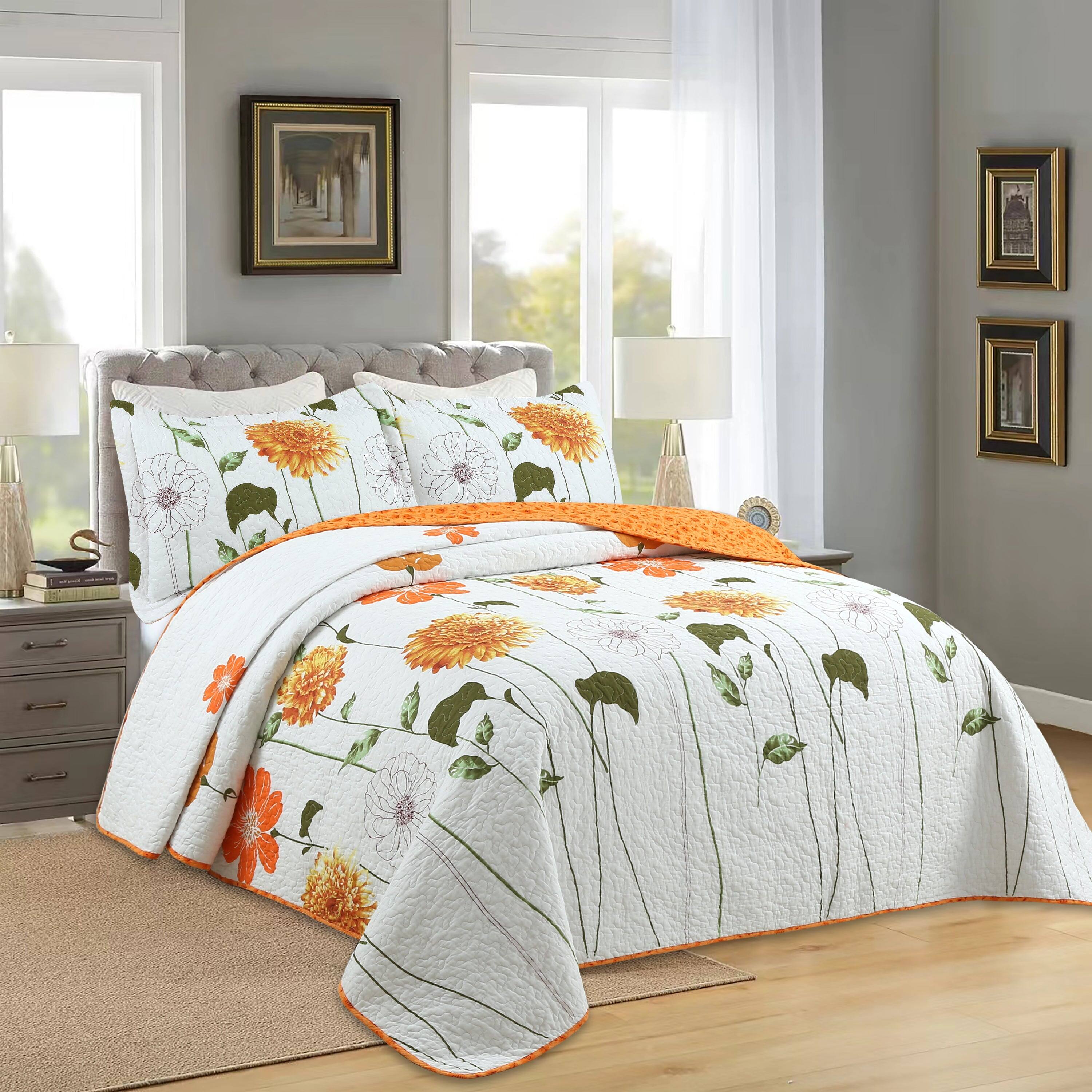 Left. MarCielo - Marcielo 3 Piece 100% Cotton Printed Floral Quilt Set Lightweight Bedspread Set - Yellow floral.