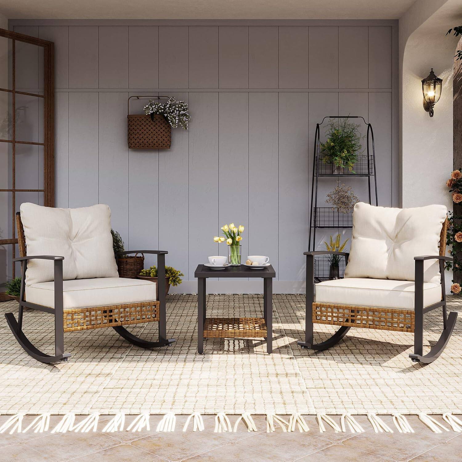 Left. Decksplore - 3-Piece Oversized  Rocking Patio Set with Thick Cushions & 2-Tier Table - Beige.