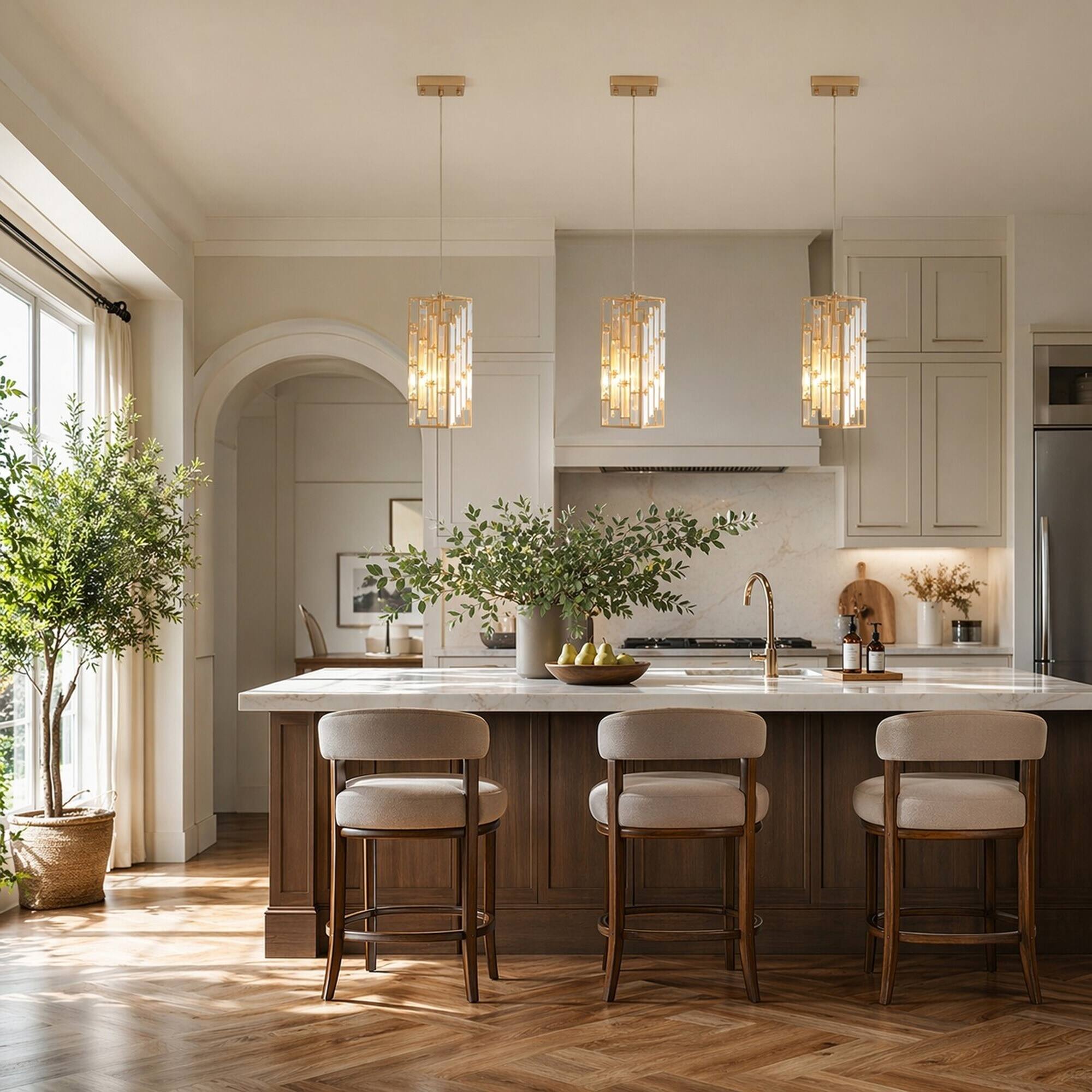 Back. RYHNUYNE - Set of 3 Golden Crystal Pendant Lights with Adjustable Hanging Cords, Prism Glass Shades for Dining Room, Kitchen Island.