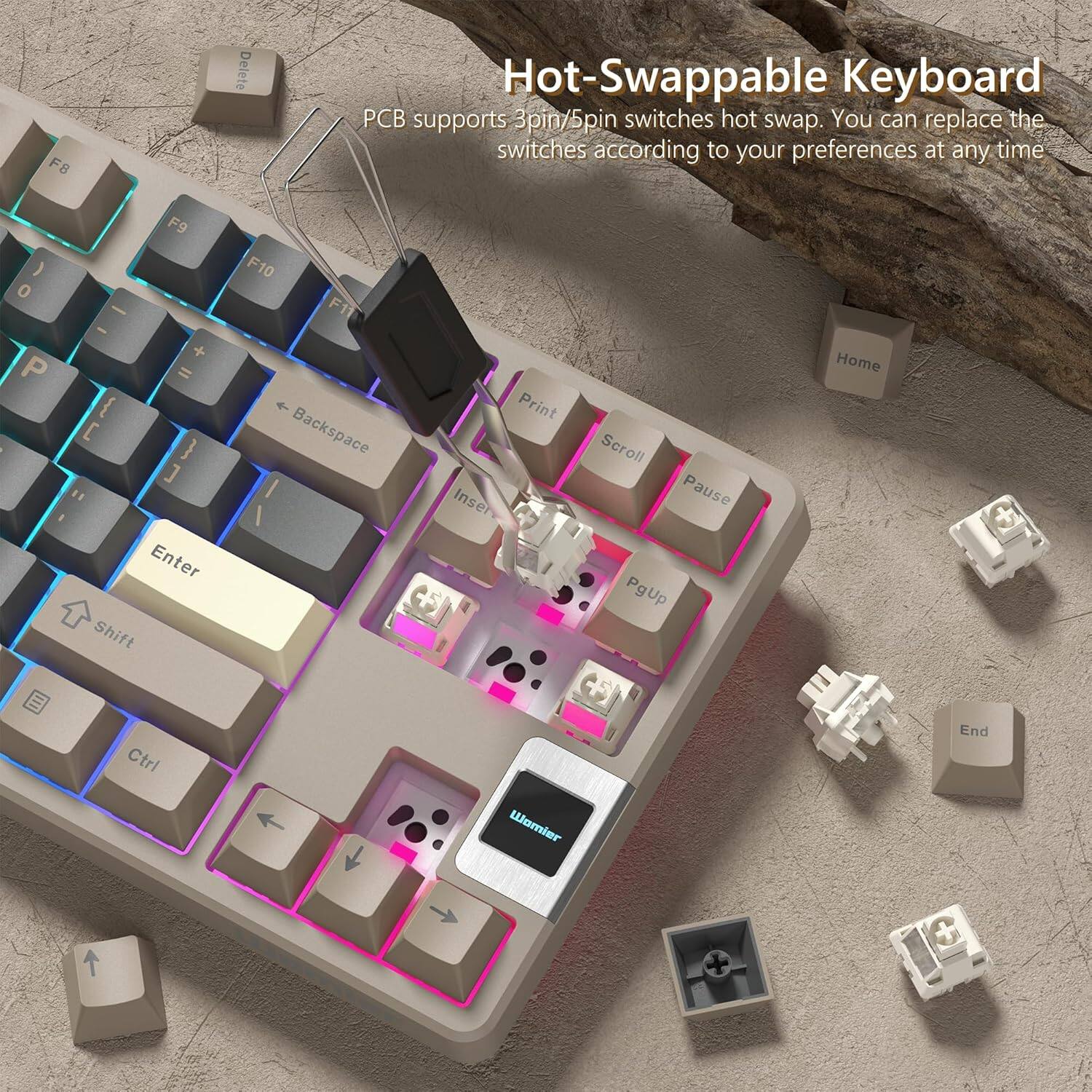 Hot-Swappable Keyboard  
PCB supports 3pin/5pin switches hot swap. You can replace the switches according to your preferences at any time.