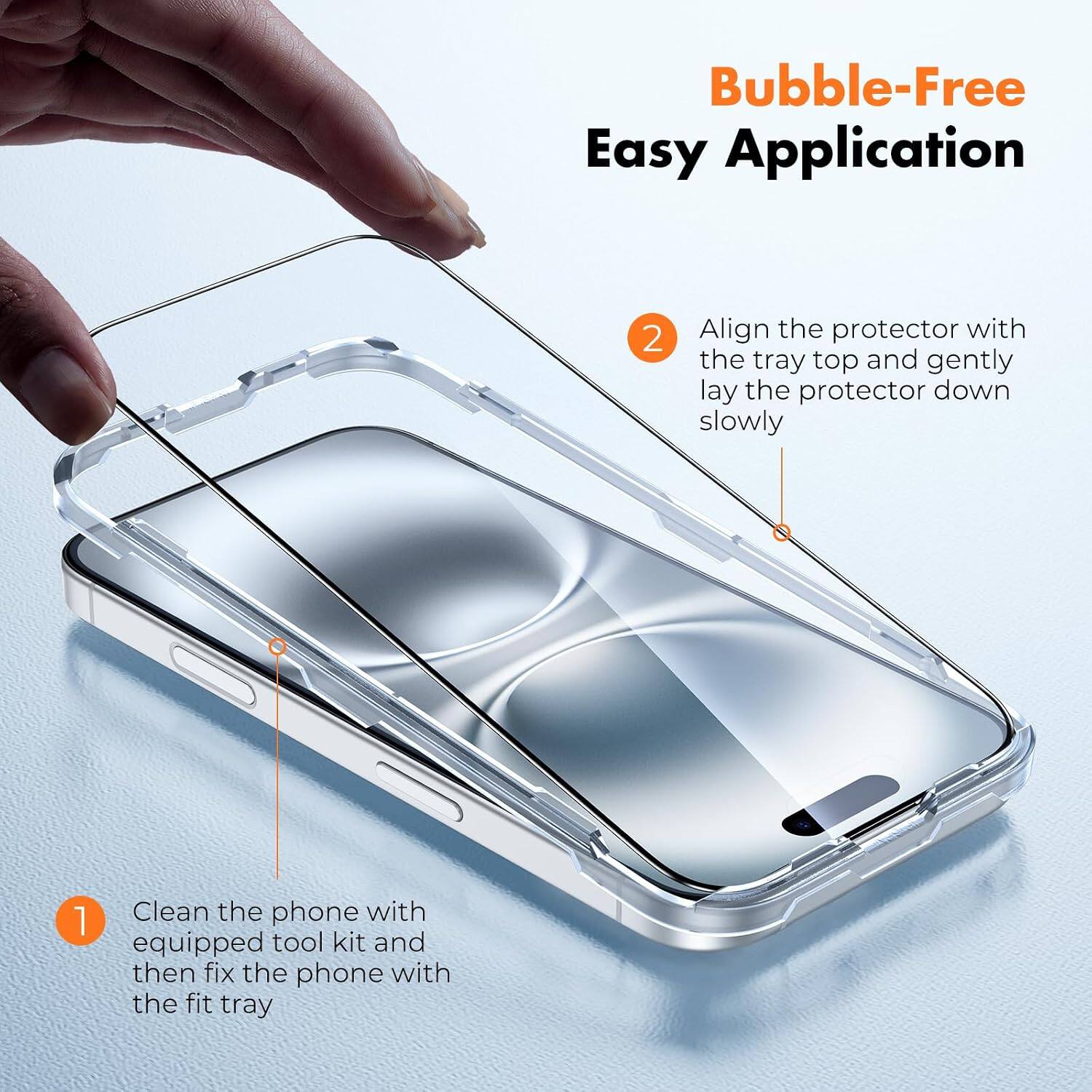 Bubble-Free Easy Application

1. Clean the phone with equipped tool kit and then fix the phone with the fit tray

2. Align the protector with the tray top and gently lay the protector down slowly