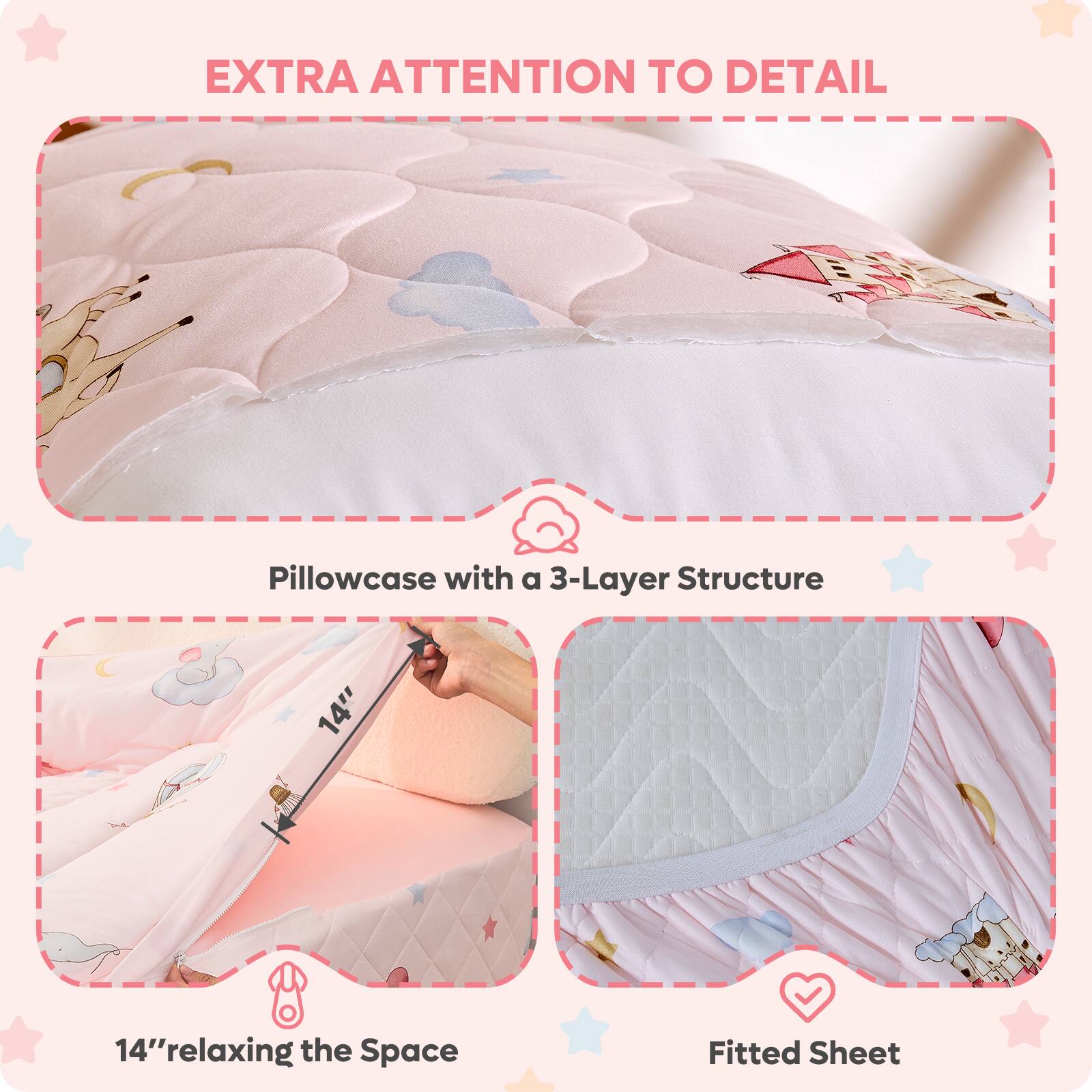 EXTRA ATTENTION TO DETAIL

Pillowcase with a 3-Layer Structure

14" relaxing the Space

Fitted Sheet