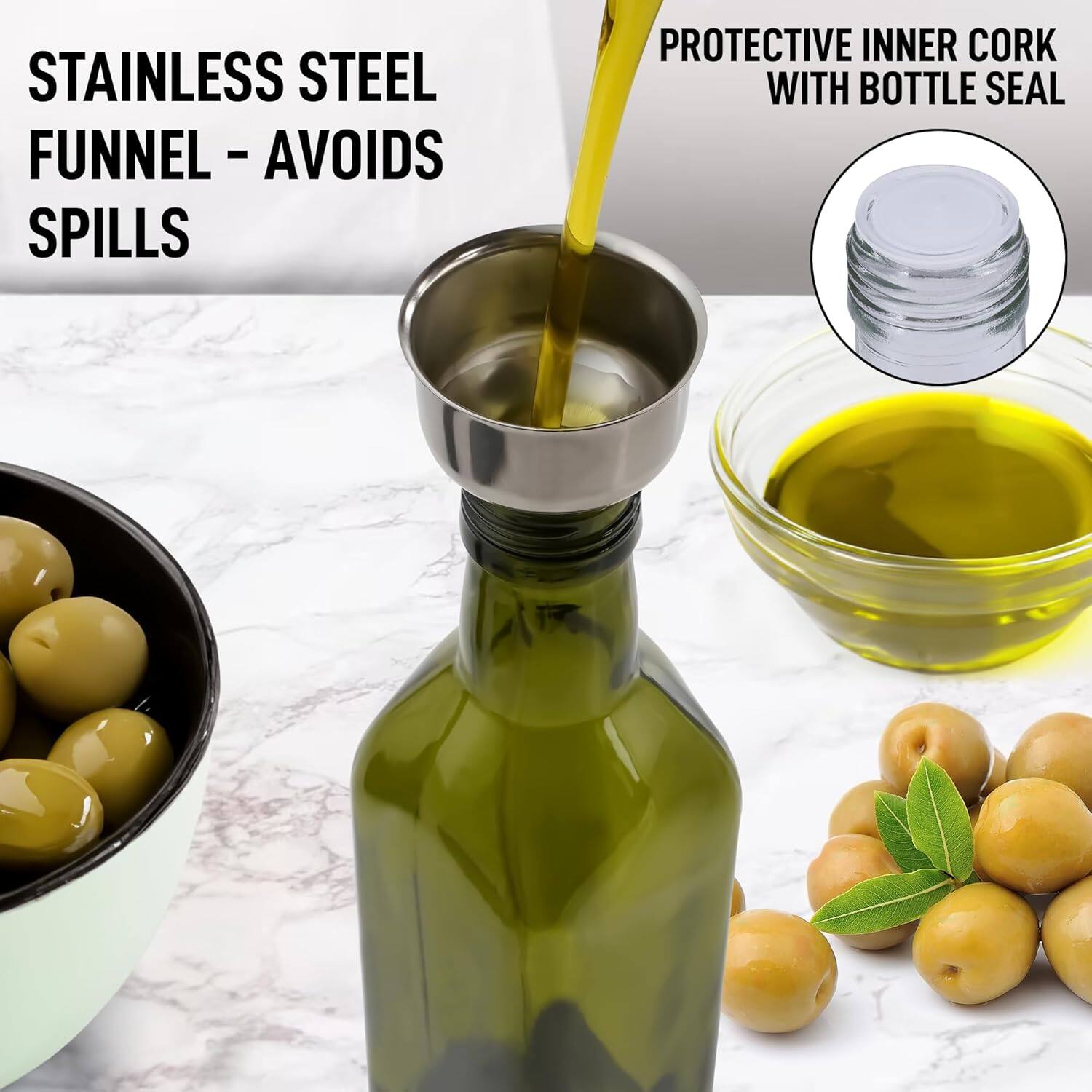 Stainless Steel Funnel - Avoids Spills  
Protective Inner Cork with Bottle Seal