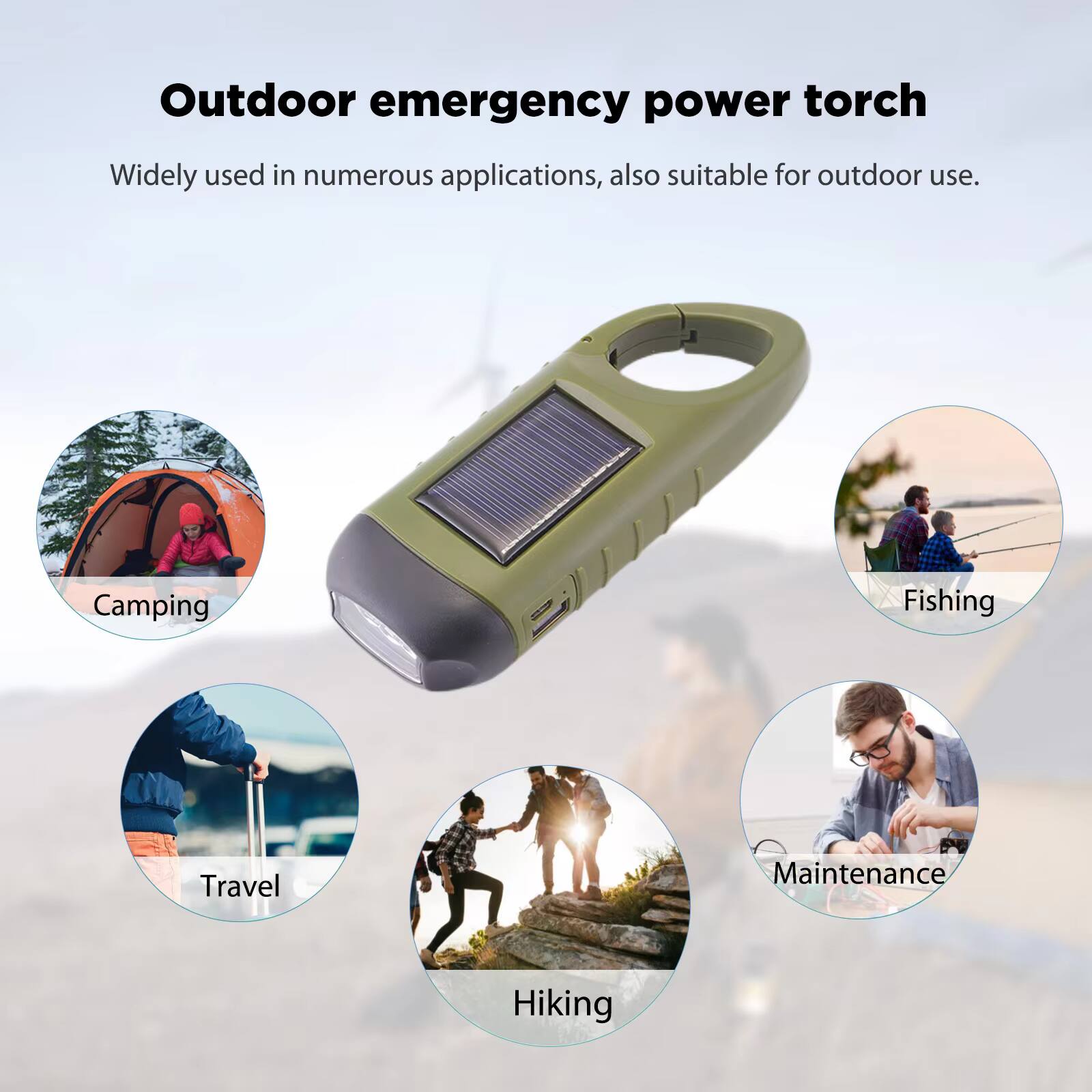 Outdoor emergency power torch

Widely used in numerous applications, also suitable for outdoor use.

- Camping
- Fishing
- Travel
- Hiking
- Maintenance